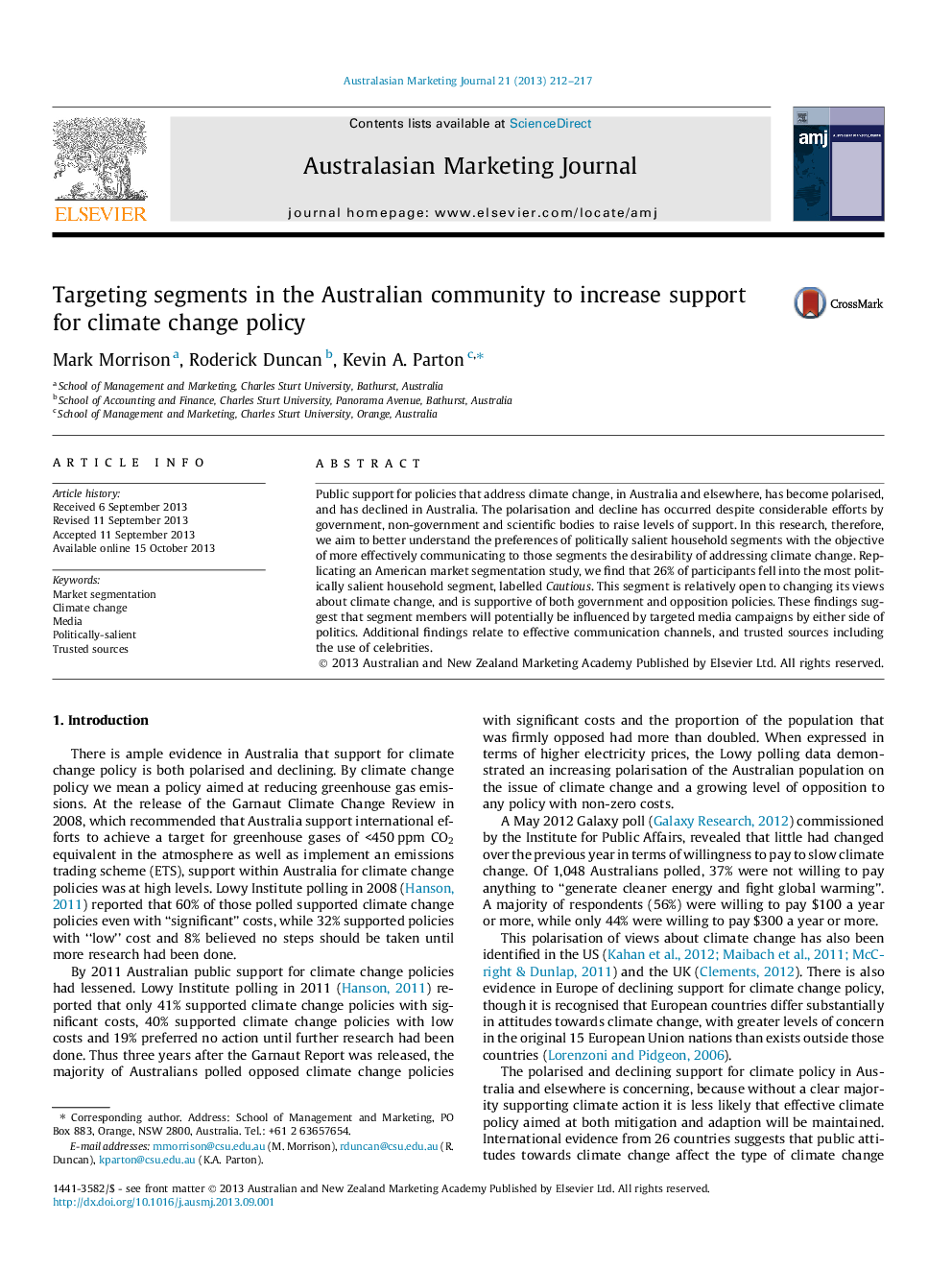 Targeting segments in the Australian community to increase support for climate change policy