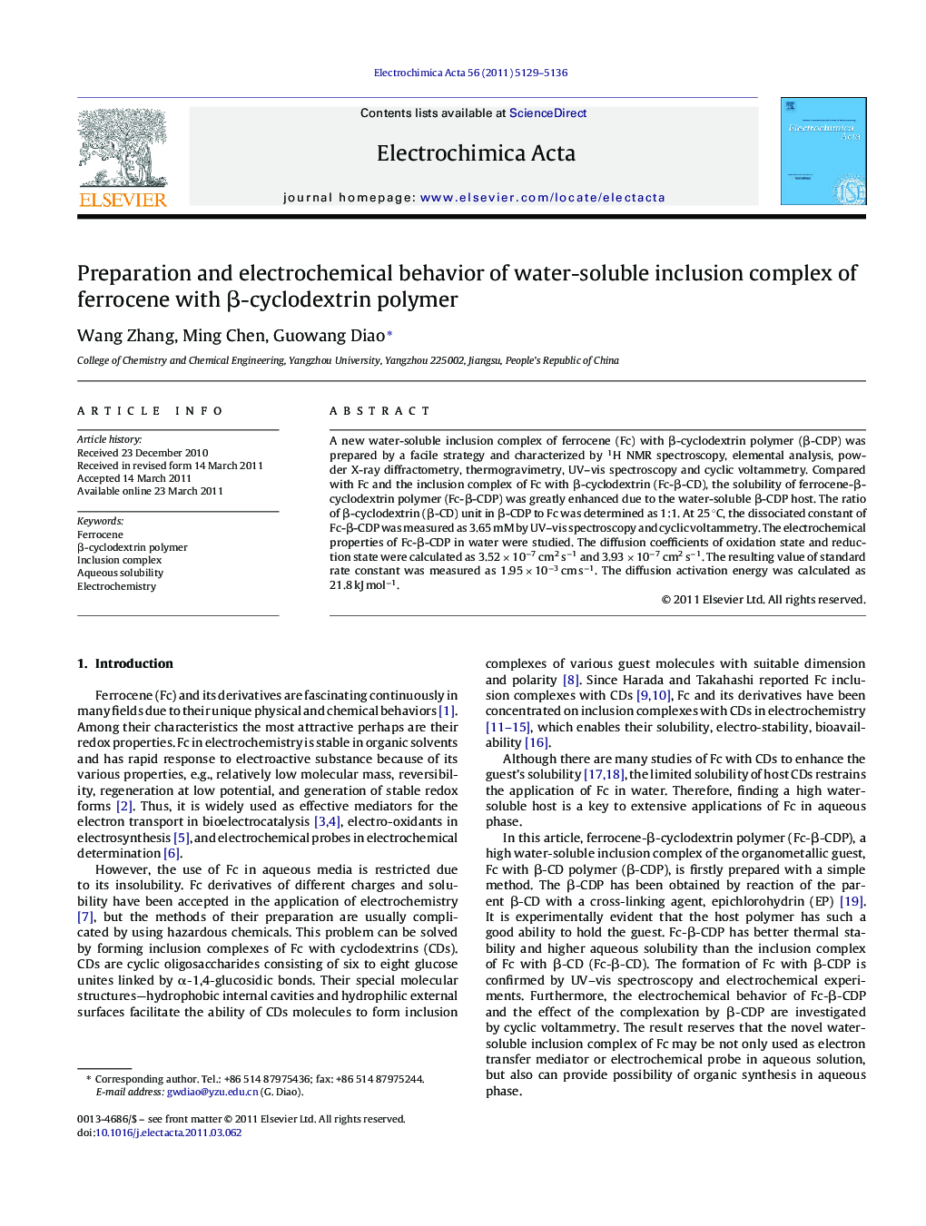 Preparation and electrochemical behavior of water-soluble inclusion complex of ferrocene with Î²-cyclodextrin polymer