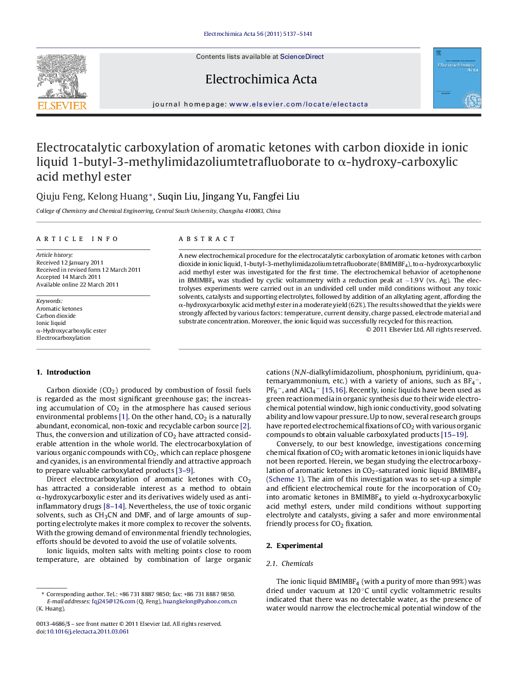 Electrocatalytic carboxylation of aromatic ketones with carbon dioxide in ionic liquid 1-butyl-3-methylimidazoliumtetrafluoborate to Î±-hydroxy-carboxylic acid methyl ester