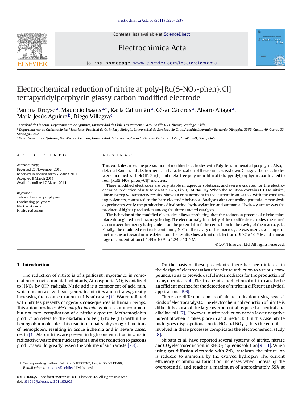 Electrochemical reduction of nitrite at poly-[Ru(5-NO2-phen)2Cl] tetrapyridylporphyrin glassy carbon modified electrode