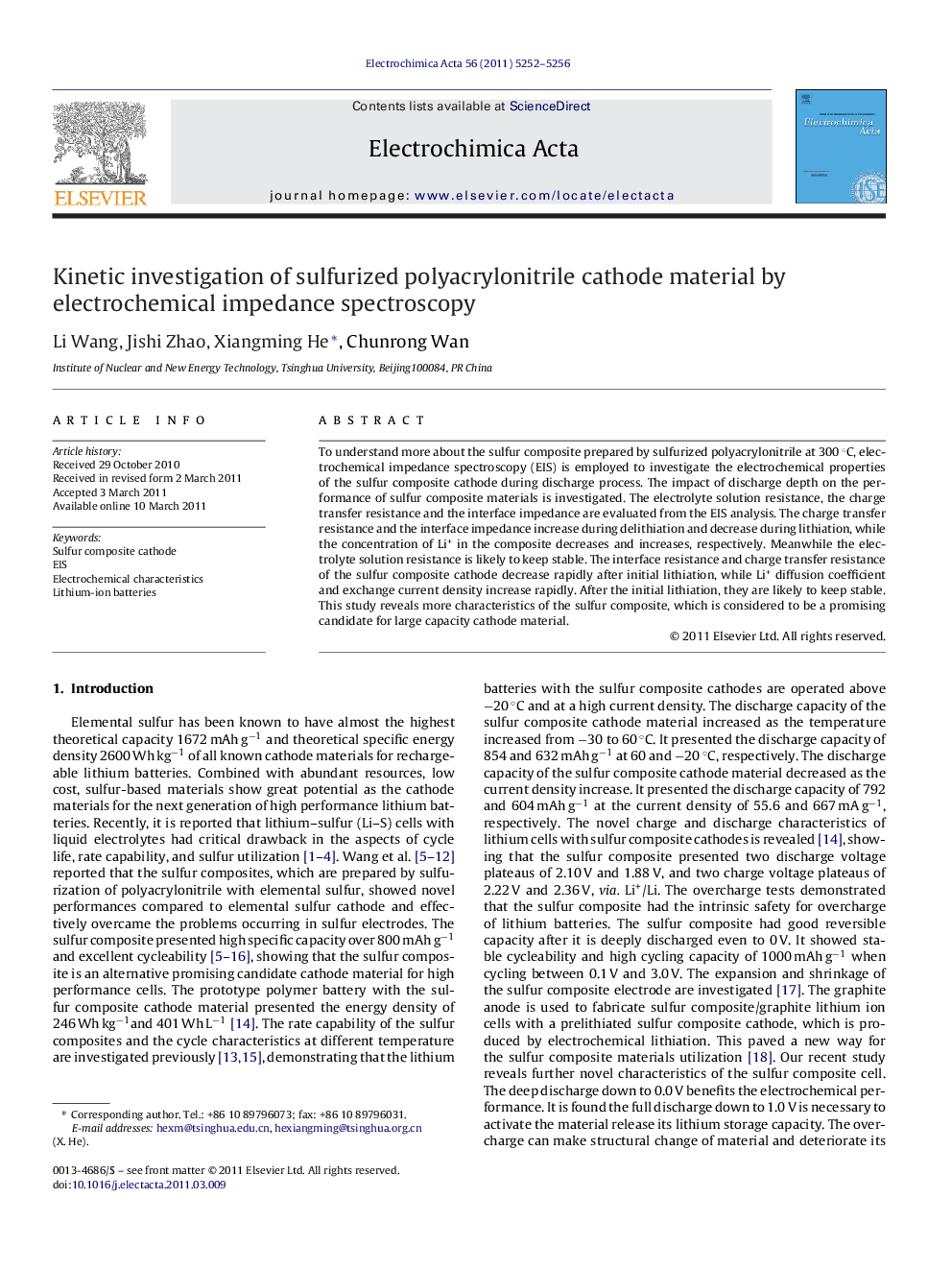 Kinetic investigation of sulfurized polyacrylonitrile cathode material by electrochemical impedance spectroscopy