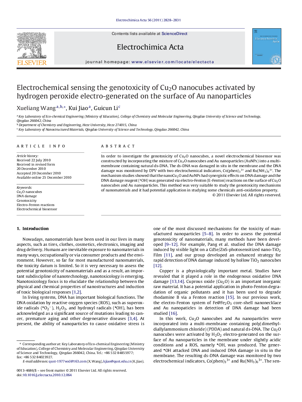 Electrochemical sensing the genotoxicity of Cu2O nanocubes activated by hydrogen peroxide electro-generated on the surface of Au nanoparticles