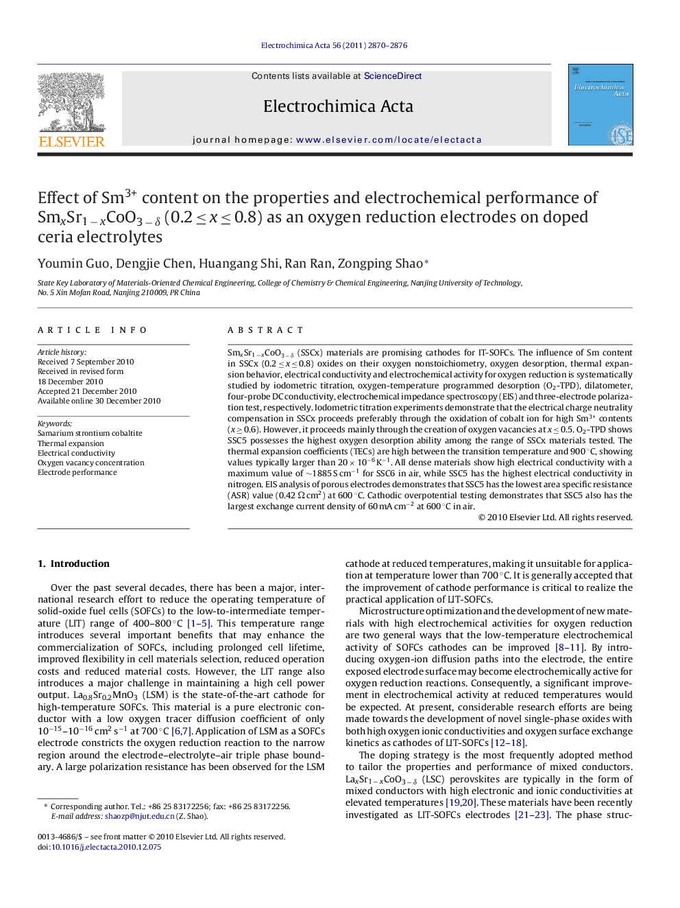 Effect of Sm3+ content on the properties and electrochemical performance of SmxSr1Â âÂ xCoO3Â âÂ Î´ (0.2Â â¤Â xÂ â¤Â 0.8) as an oxygen reduction electrodes on doped ceria electrolytes