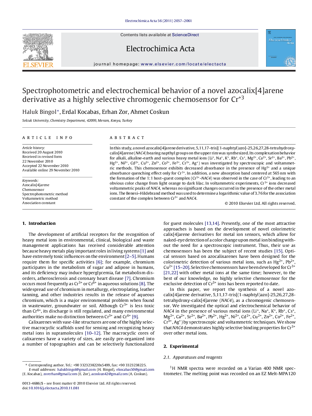 Spectrophotometric and electrochemical behavior of a novel azocalix[4]arene derivative as a highly selective chromogenic chemosensor for Cr+3