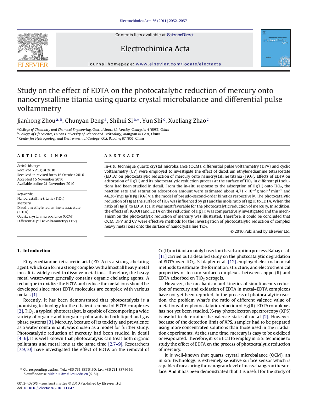 Study on the effect of EDTA on the photocatalytic reduction of mercury onto nanocrystalline titania using quartz crystal microbalance and differential pulse voltammetry