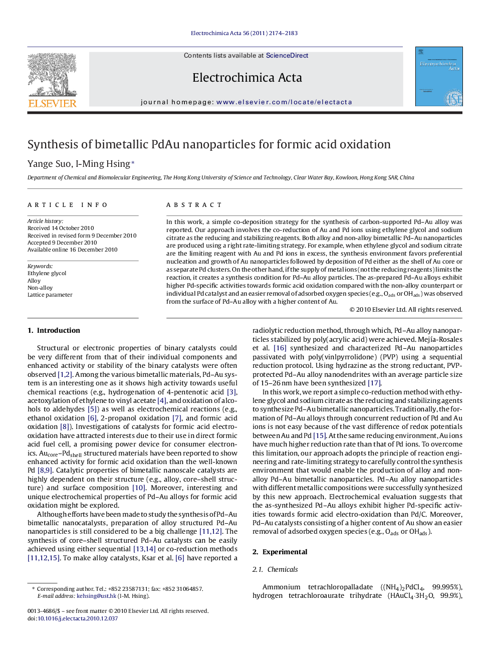 Synthesis of bimetallic PdAu nanoparticles for formic acid oxidation