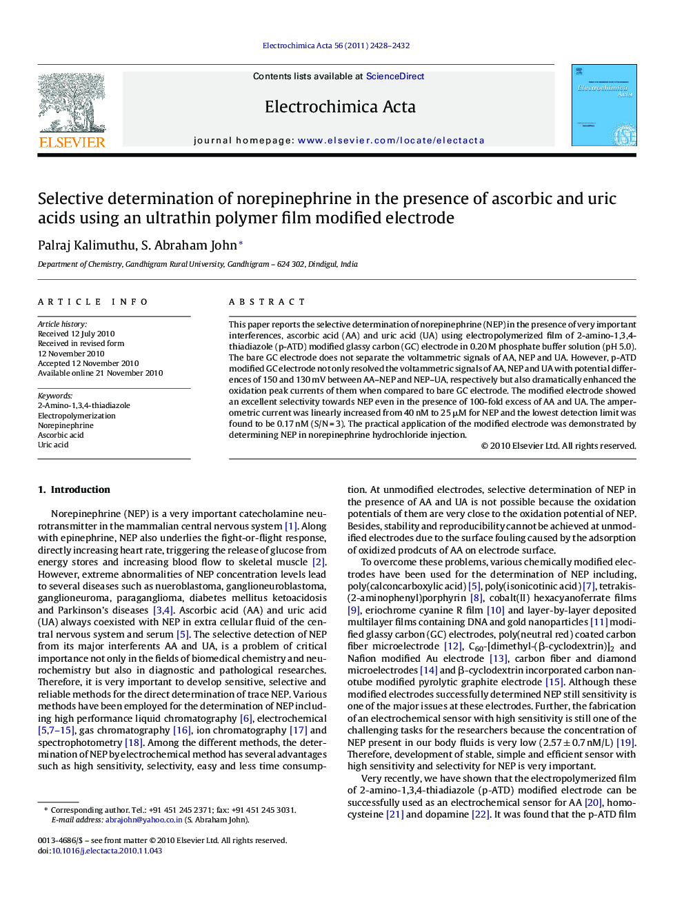 Selective determination of norepinephrine in the presence of ascorbic and uric acids using an ultrathin polymer film modified electrode