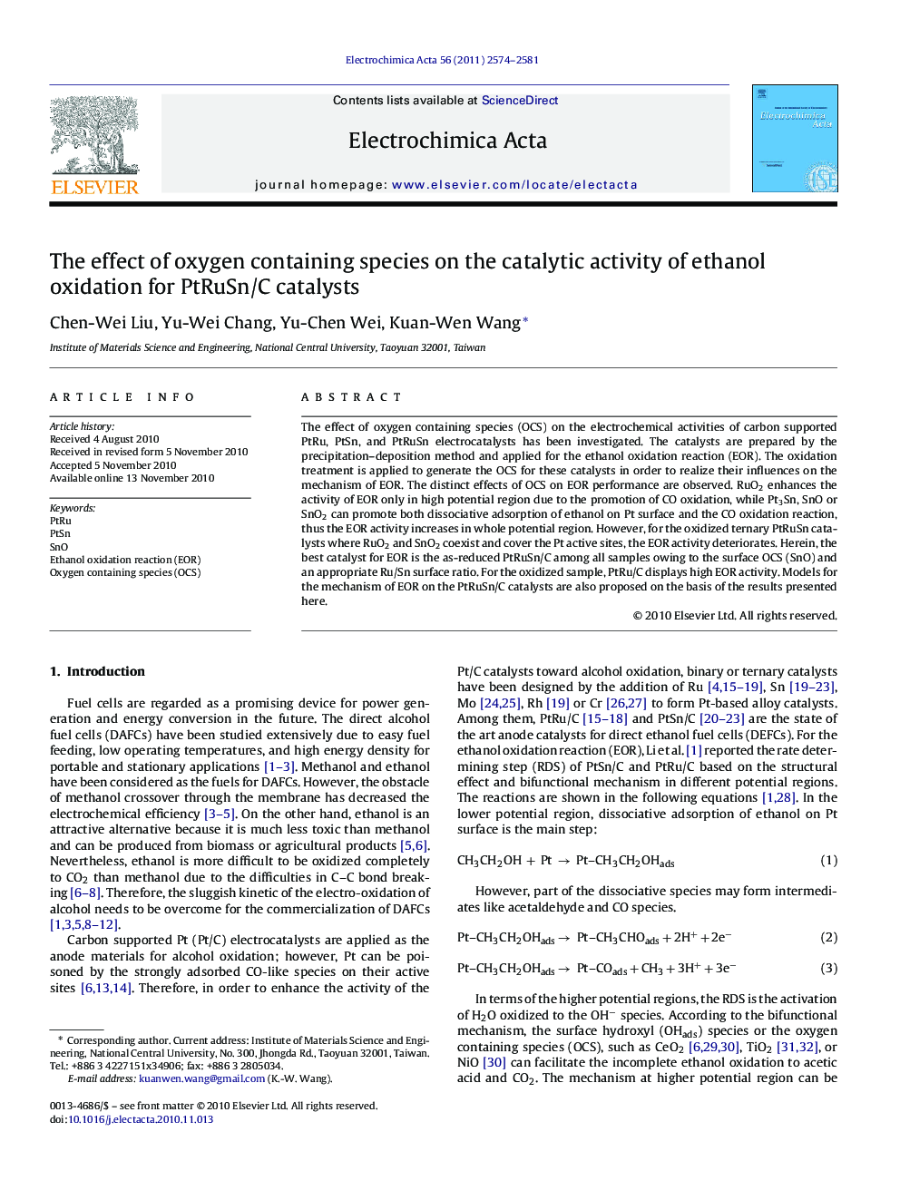 The effect of oxygen containing species on the catalytic activity of ethanol oxidation for PtRuSn/C catalysts