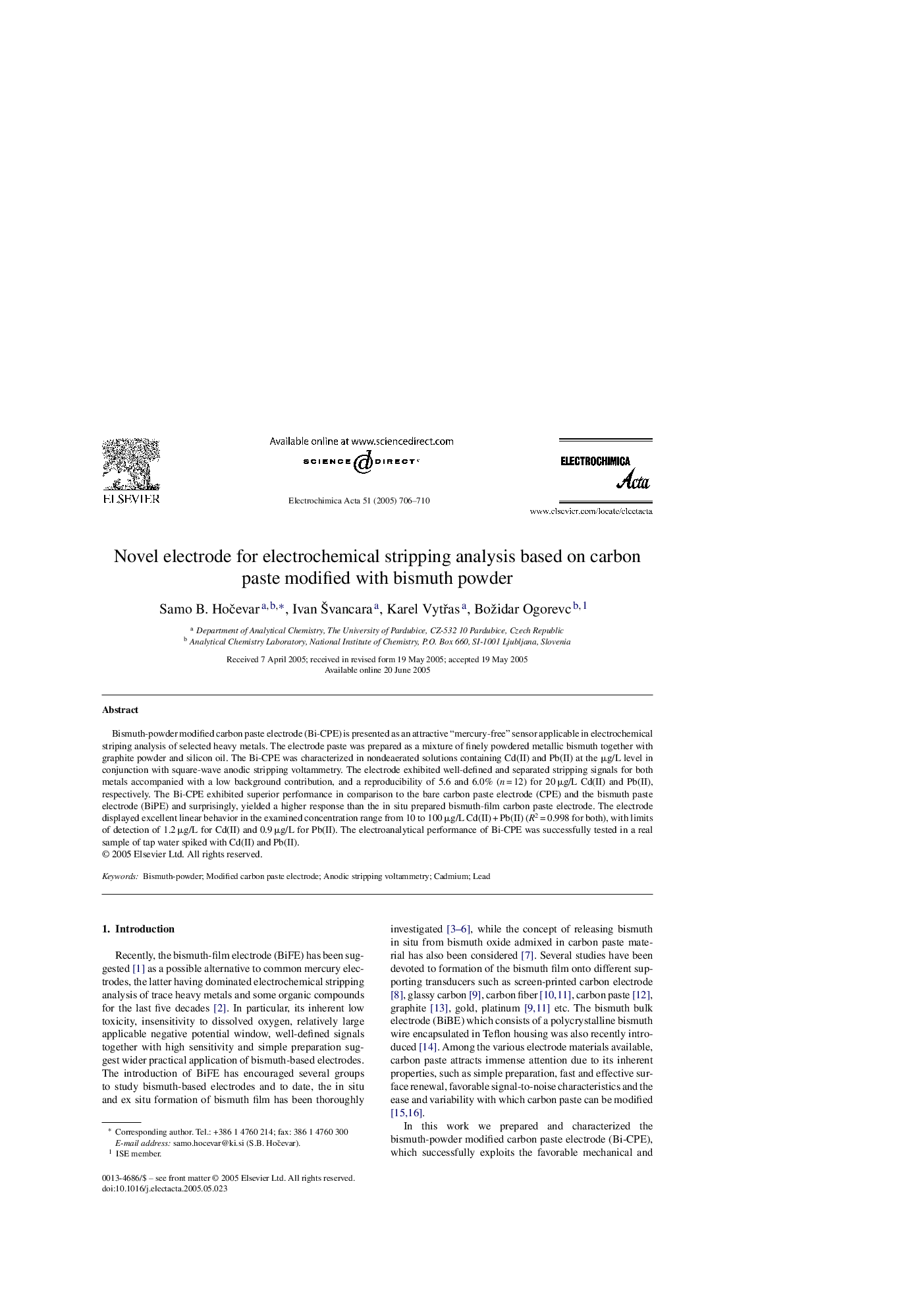 Novel electrode for electrochemical stripping analysis based on carbon paste modified with bismuth powder