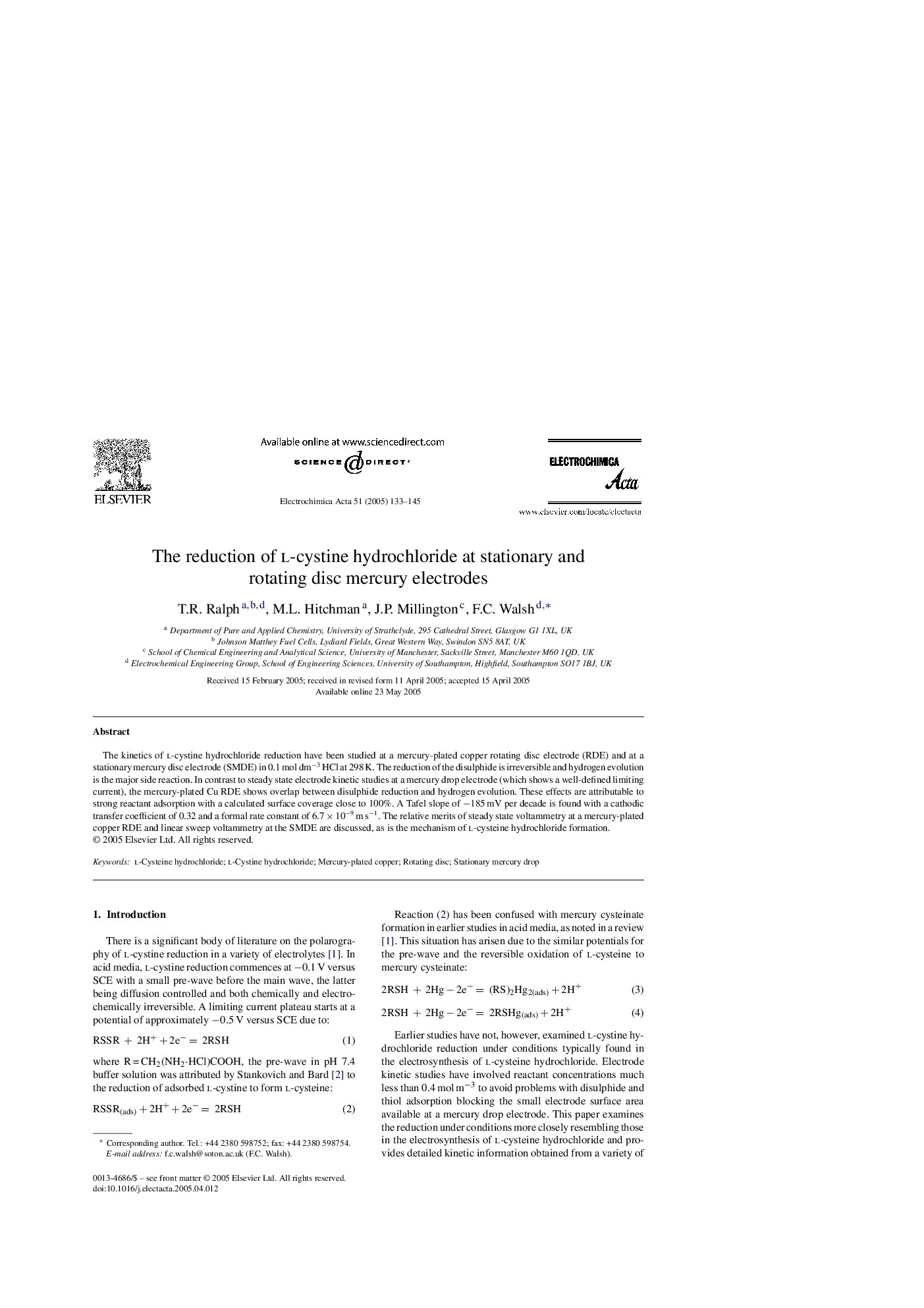 The reduction of l-cystine hydrochloride at stationary and rotating disc mercury electrodes
