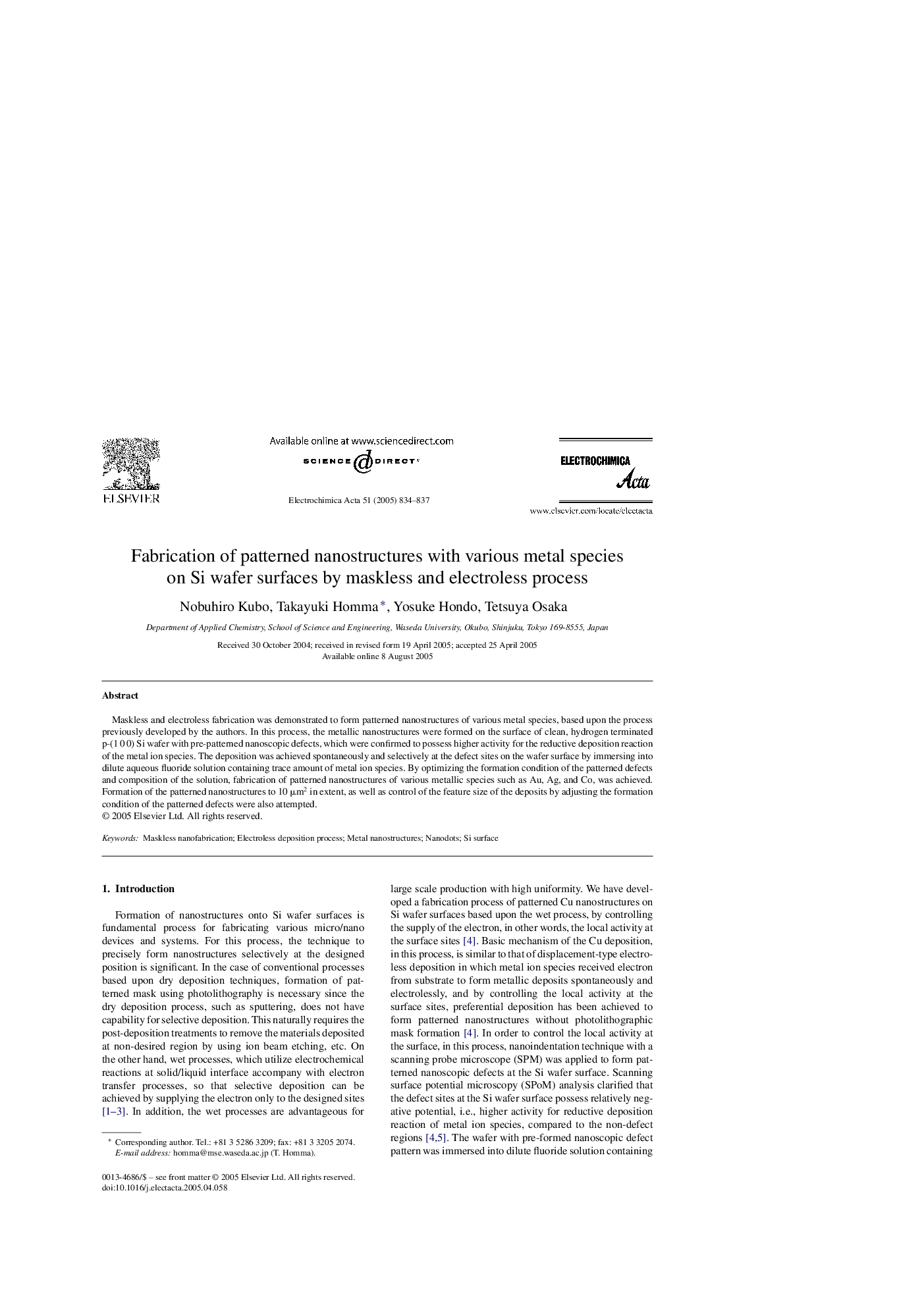 Fabrication of patterned nanostructures with various metal species on Si wafer surfaces by maskless and electroless process