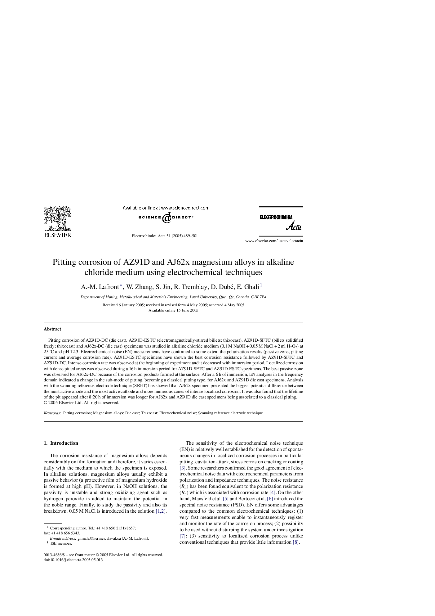 Pitting corrosion of AZ91D and AJ62x magnesium alloys in alkaline chloride medium using electrochemical techniques