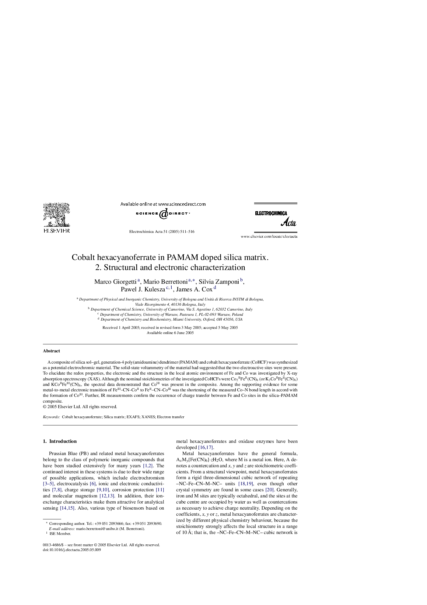 Cobalt hexacyanoferrate in PAMAM doped silica matrix. 2. Structural and electronic characterization