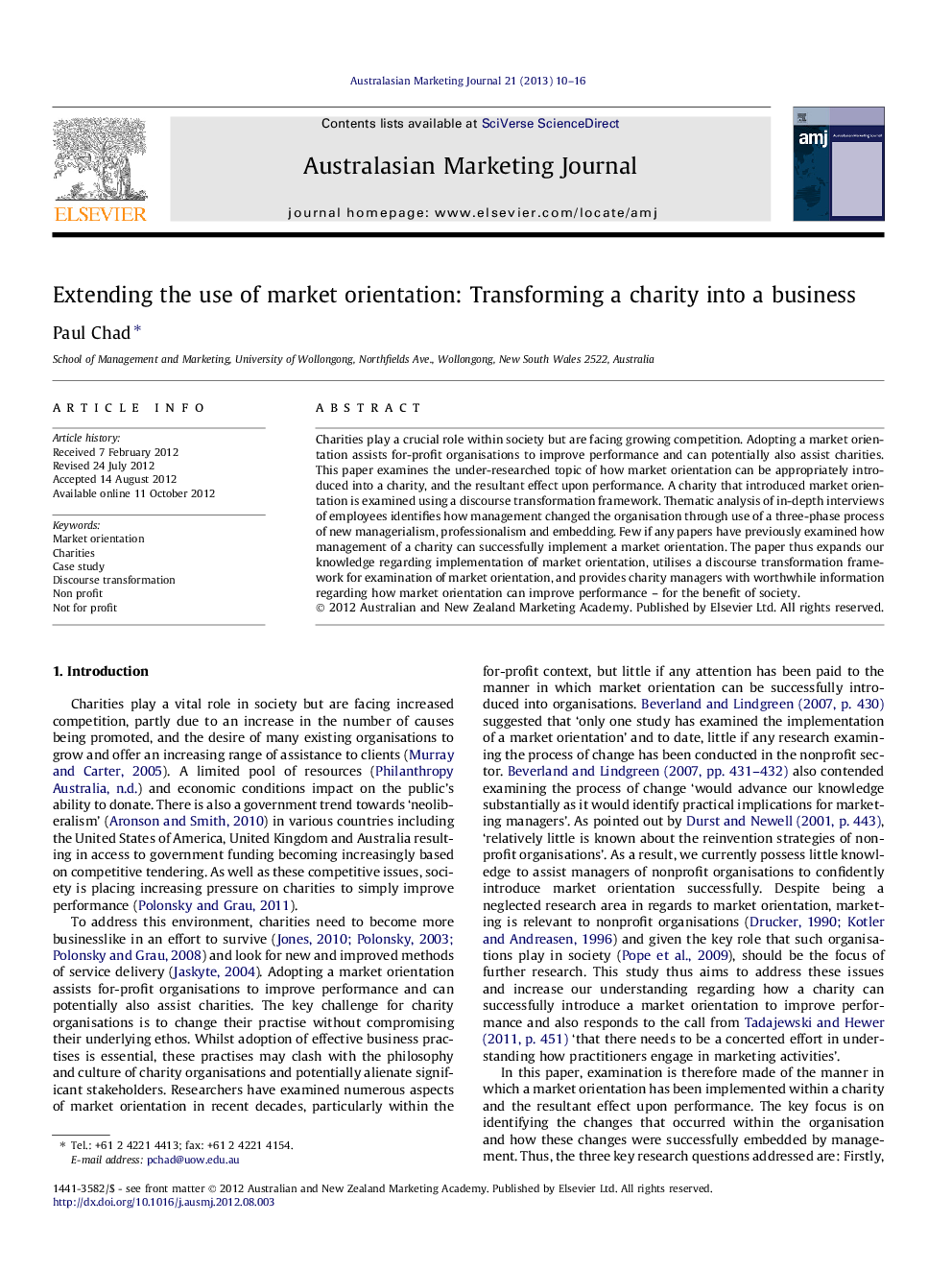 Extending the use of market orientation: Transforming a charity into a business