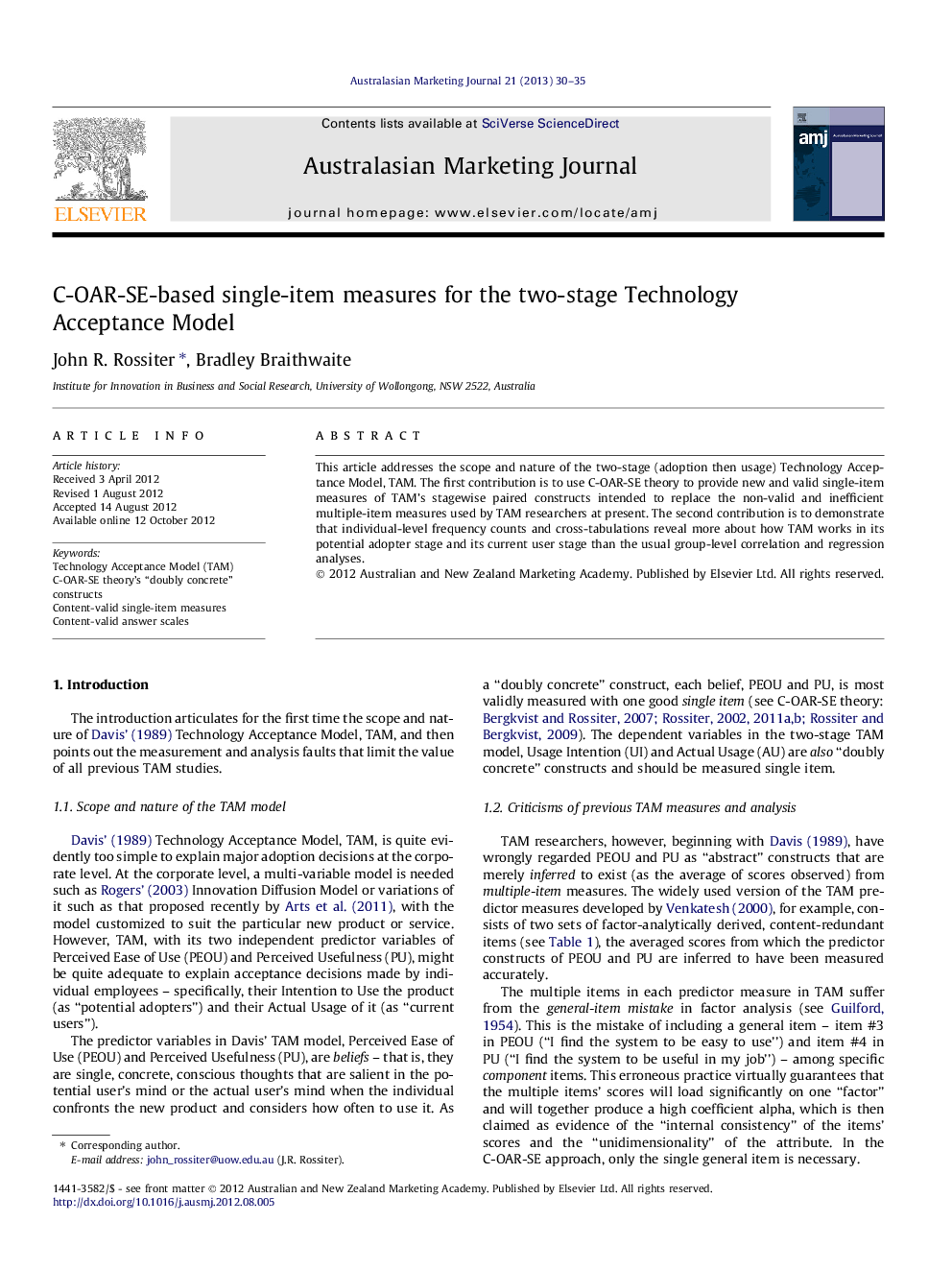 C-OAR-SE-based single-item measures for the two-stage Technology Acceptance Model