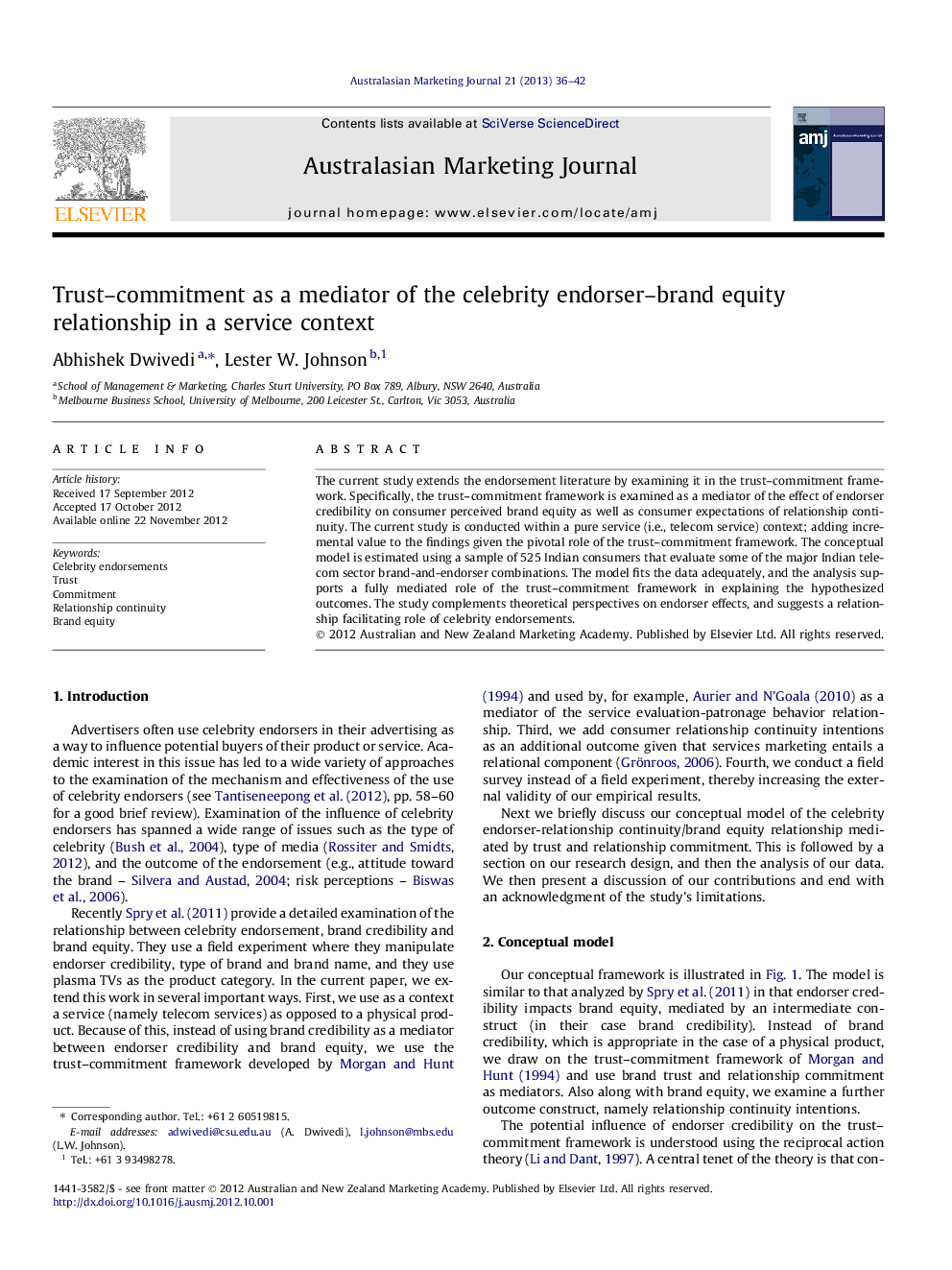 Trust–commitment as a mediator of the celebrity endorser–brand equity relationship in a service context