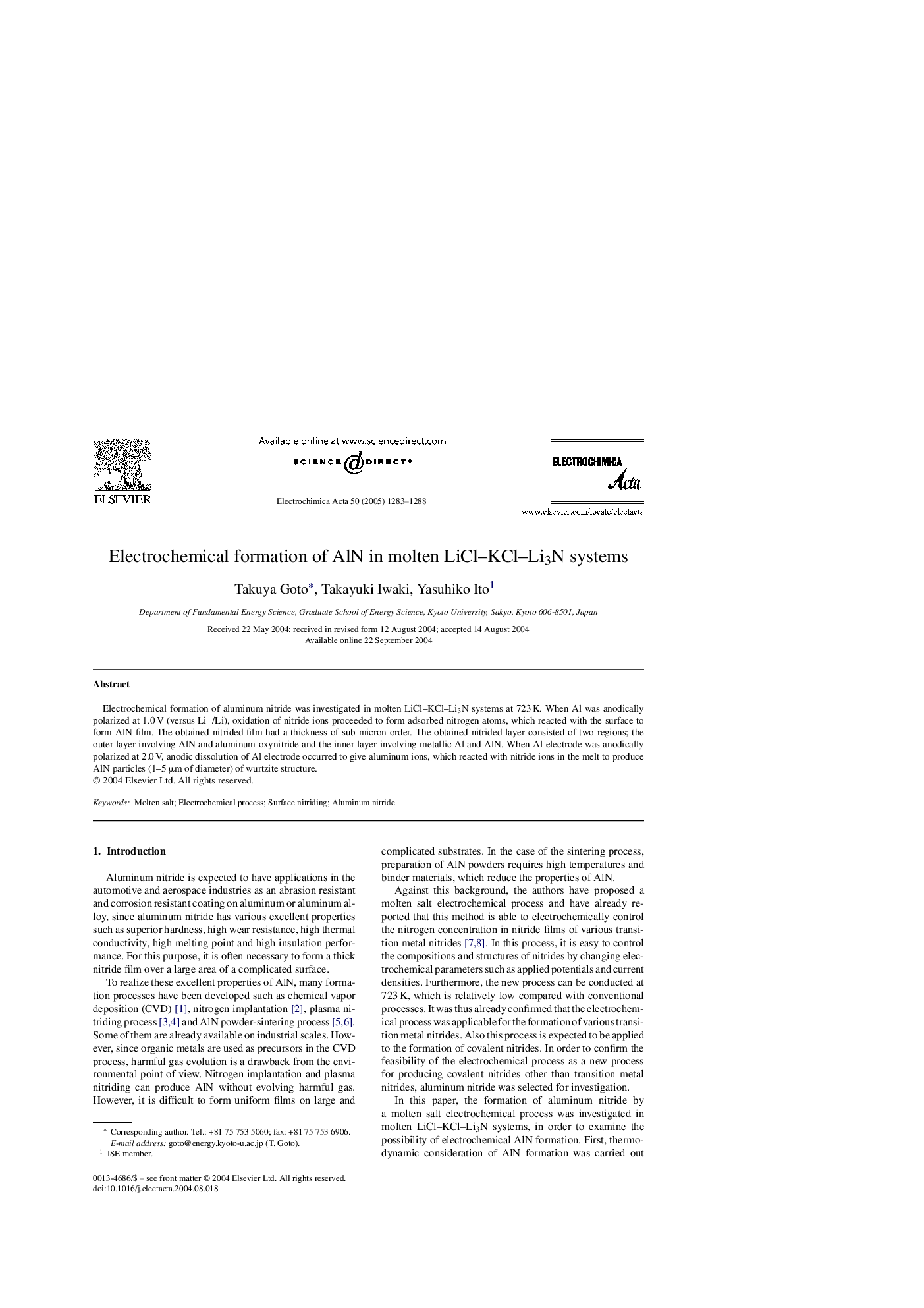 عکس صفحه اول مقاله: Electrochemical formation of AlN in molten LiCl-KCl-Li3N systems Electrochemical formation of AlN in molten LiCl-KCl-Li3N systems