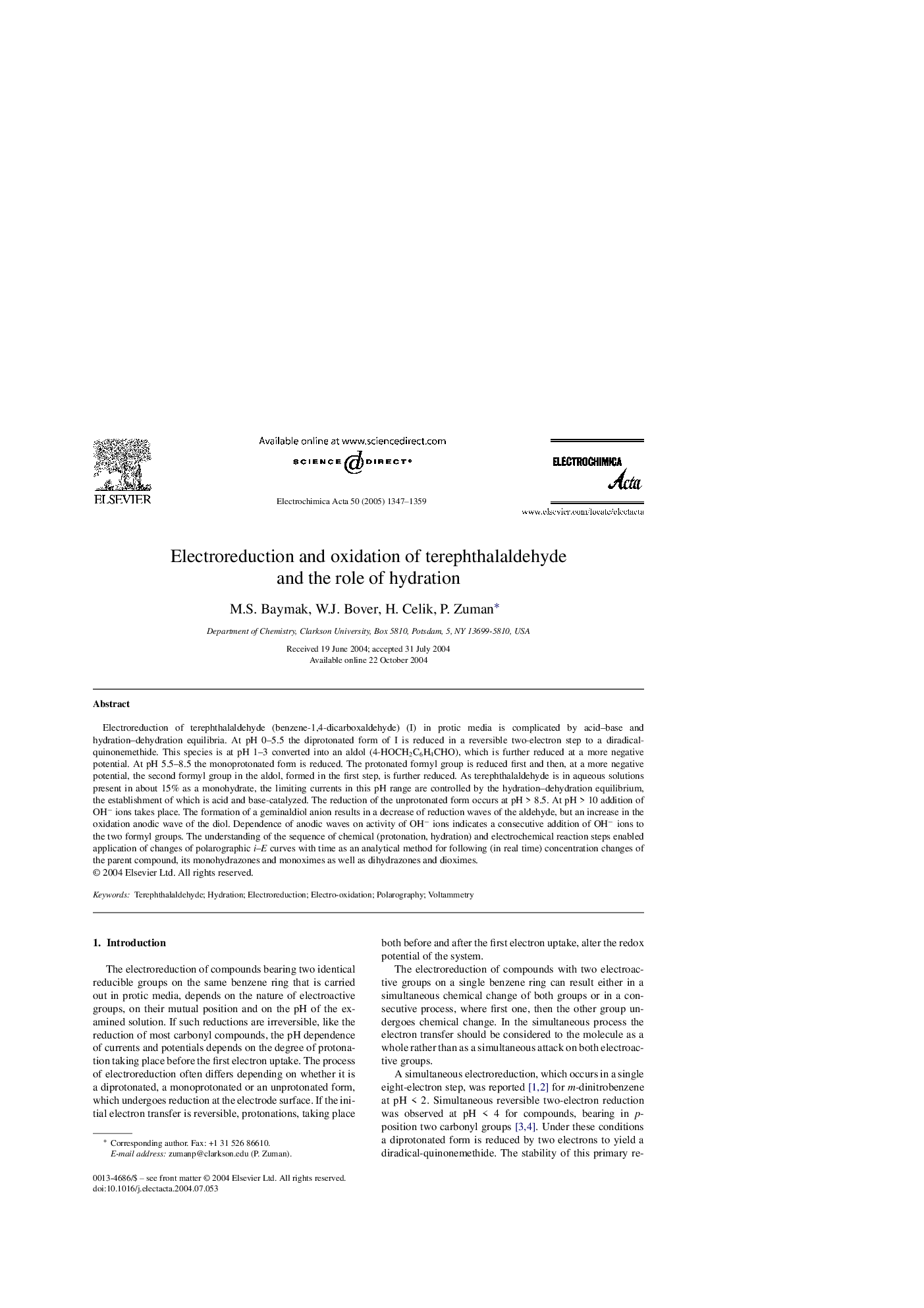 Electroreduction and oxidation of terephthalaldehyde and the role of hydration