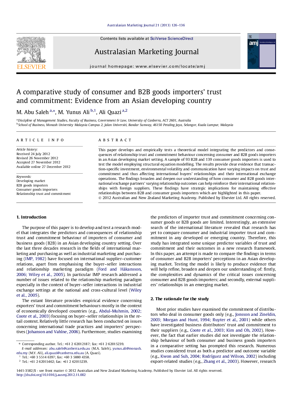 A comparative study of consumer and B2B goods importers’ trust and commitment: Evidence from an Asian developing country