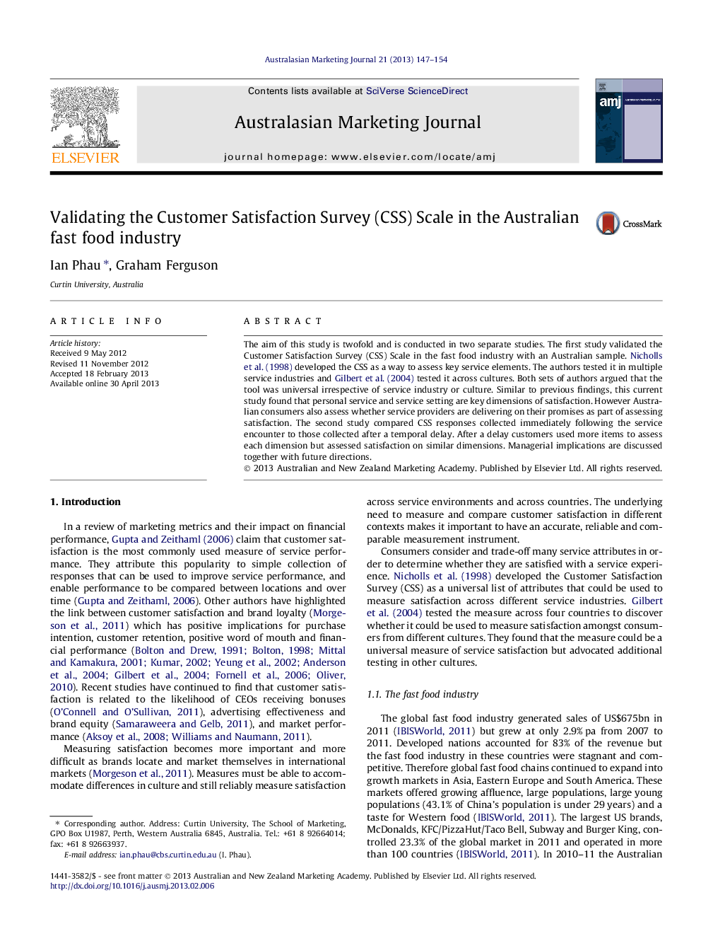 Validating the Customer Satisfaction Survey (CSS) Scale in the Australian fast food industry