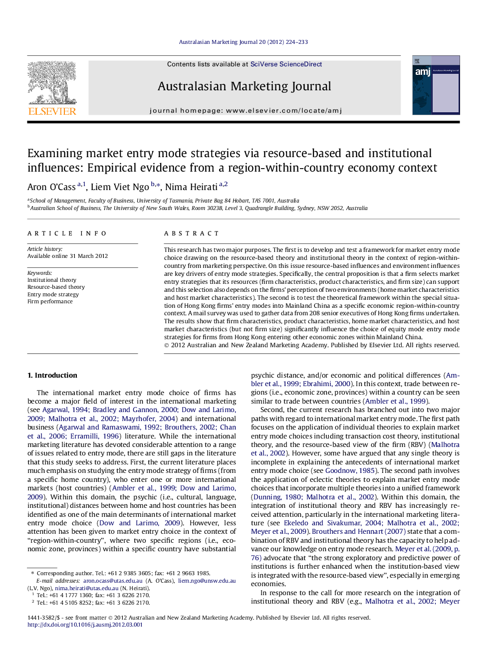 Examining market entry mode strategies via resource-based and institutional influences: Empirical evidence from a region-within-country economy context