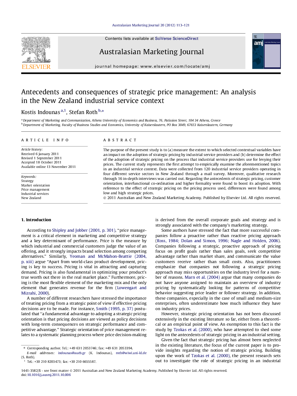 Antecedents and consequences of strategic price management: An analysis in the New Zealand industrial service context