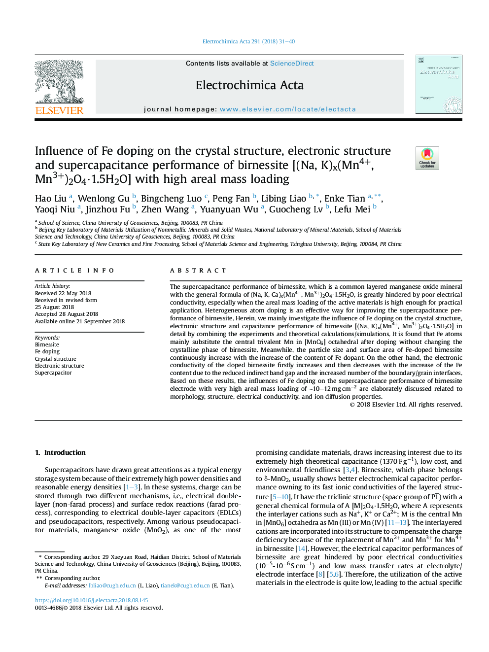 Influence of Fe doping on the crystal structure, electronic structure and supercapacitance performance of birnessite [(Na, K)x(Mn4+, Mn3+)2O4Â·1.5H2O] with high areal mass loading