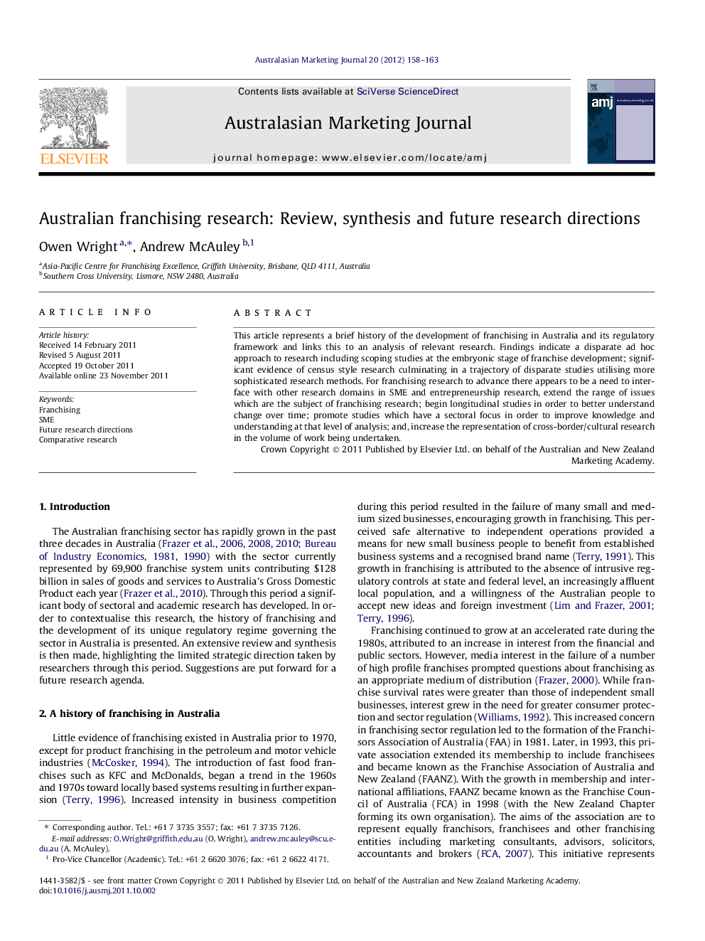 Australian franchising research: Review, synthesis and future research directions