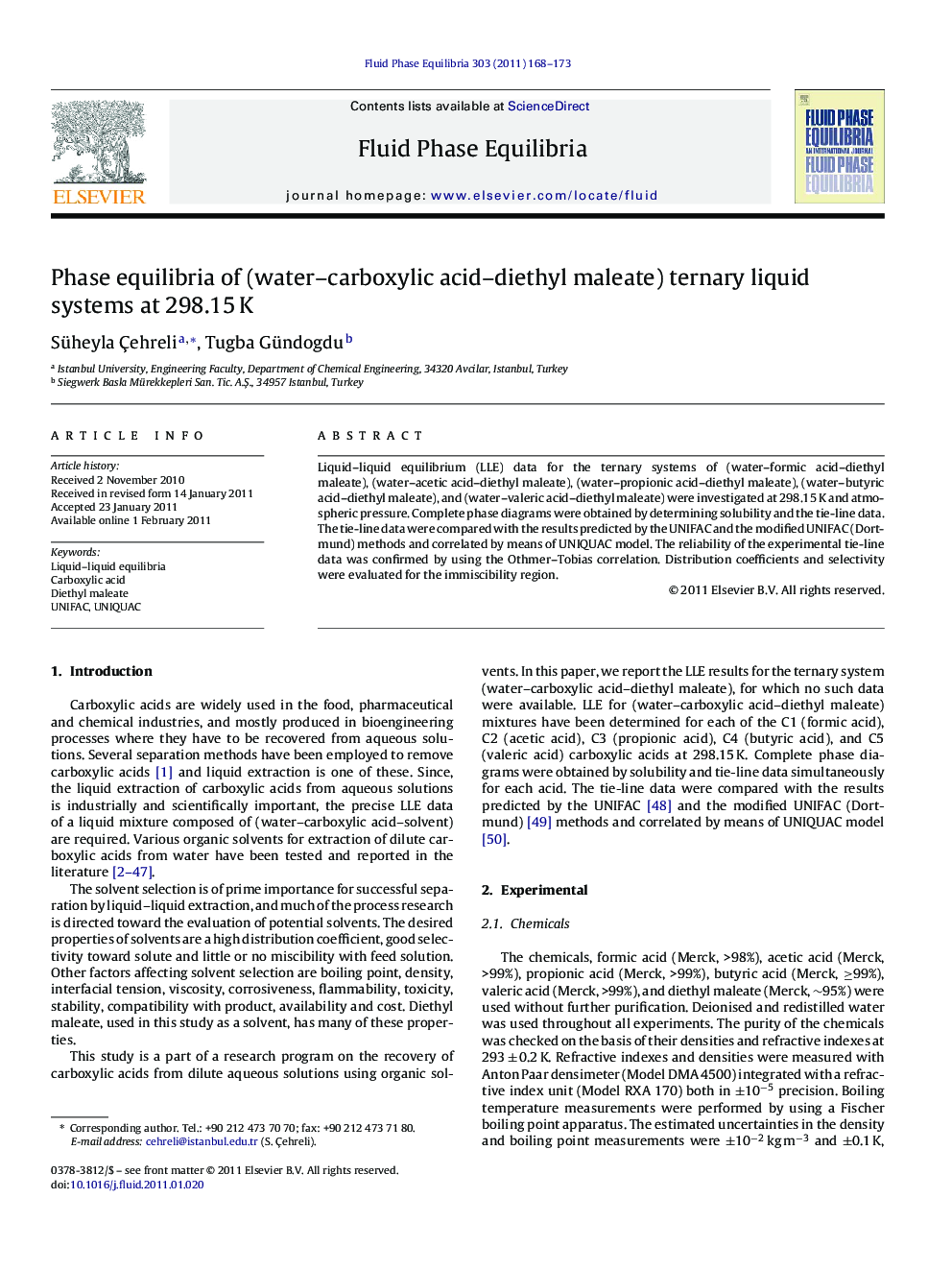 Phase equilibria of (water-carboxylic acid-diethyl maleate) ternary liquid systems at 298.15Â K