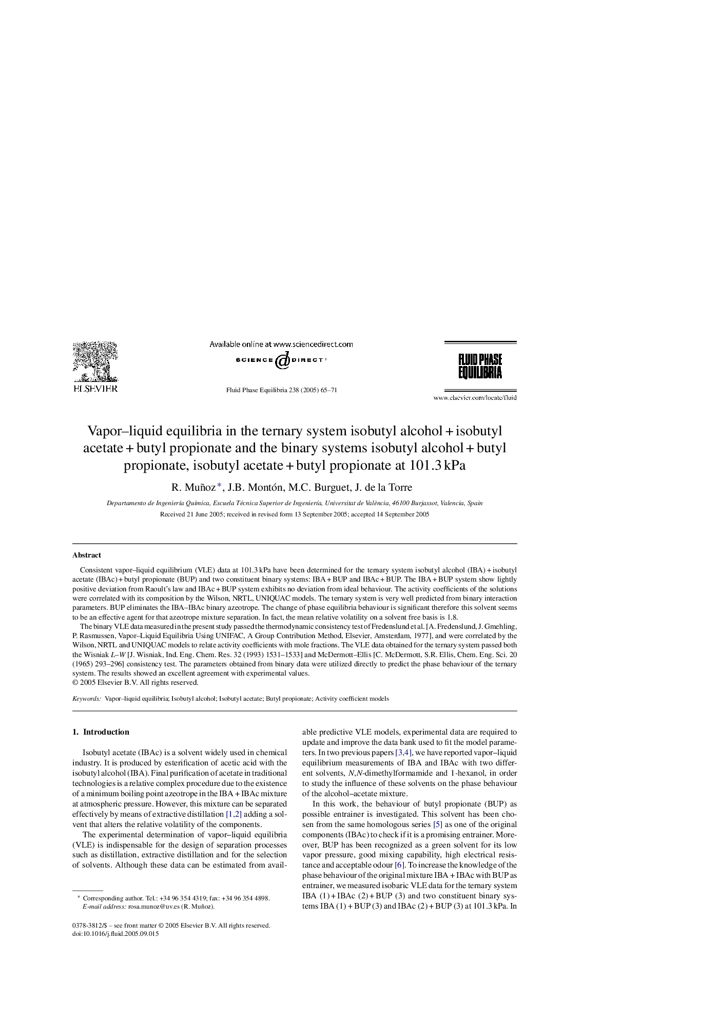 عکس صفحه اول مقاله: Vapor-liquid equilibria in the ternary system isobutyl alcohol + isobutyl acetate + butyl propionate and the binary systems isobutyl alcohol + butyl propionate, isobutyl acetate + butyl propionate at 101.3 kPa Vapor-liquid equilibria in the ternary system isobutyl alcohol + isobutyl acetate + butyl propionate and the binary systems isobutyl alcohol + butyl propionate, isobutyl acetate + butyl propionate at 101.3 kPa