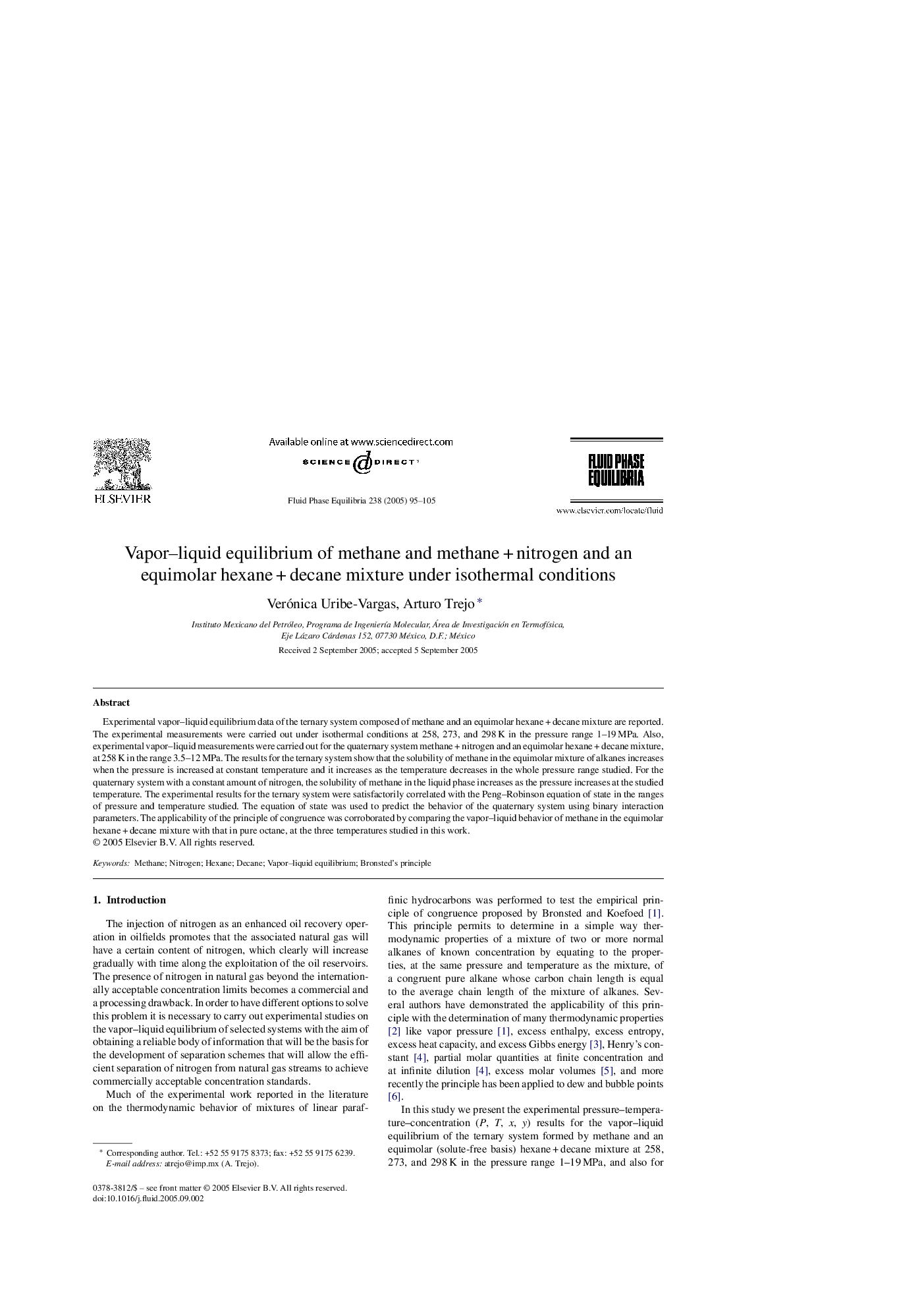 Vapor-liquid equilibrium of methane and methaneÂ +Â nitrogen and an equimolar hexaneÂ +Â decane mixture under isothermal conditions