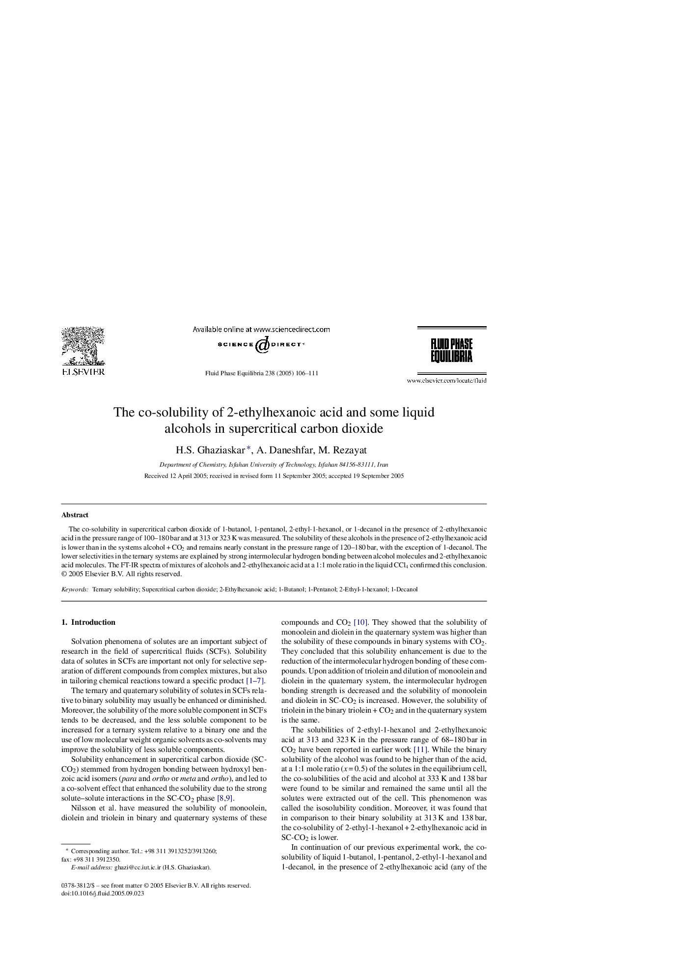 The co-solubility of 2-ethylhexanoic acid and some liquid alcohols in supercritical carbon dioxide