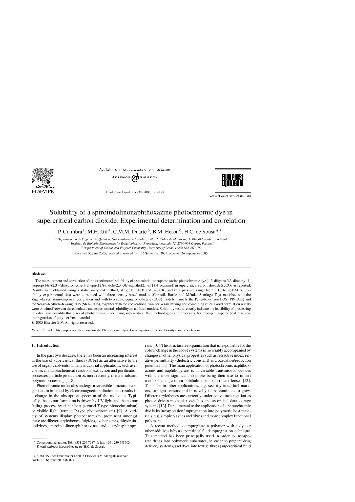 Solubility of a spiroindolinonaphthoxazine photochromic dye in supercritical carbon dioxide: Experimental determination and correlation