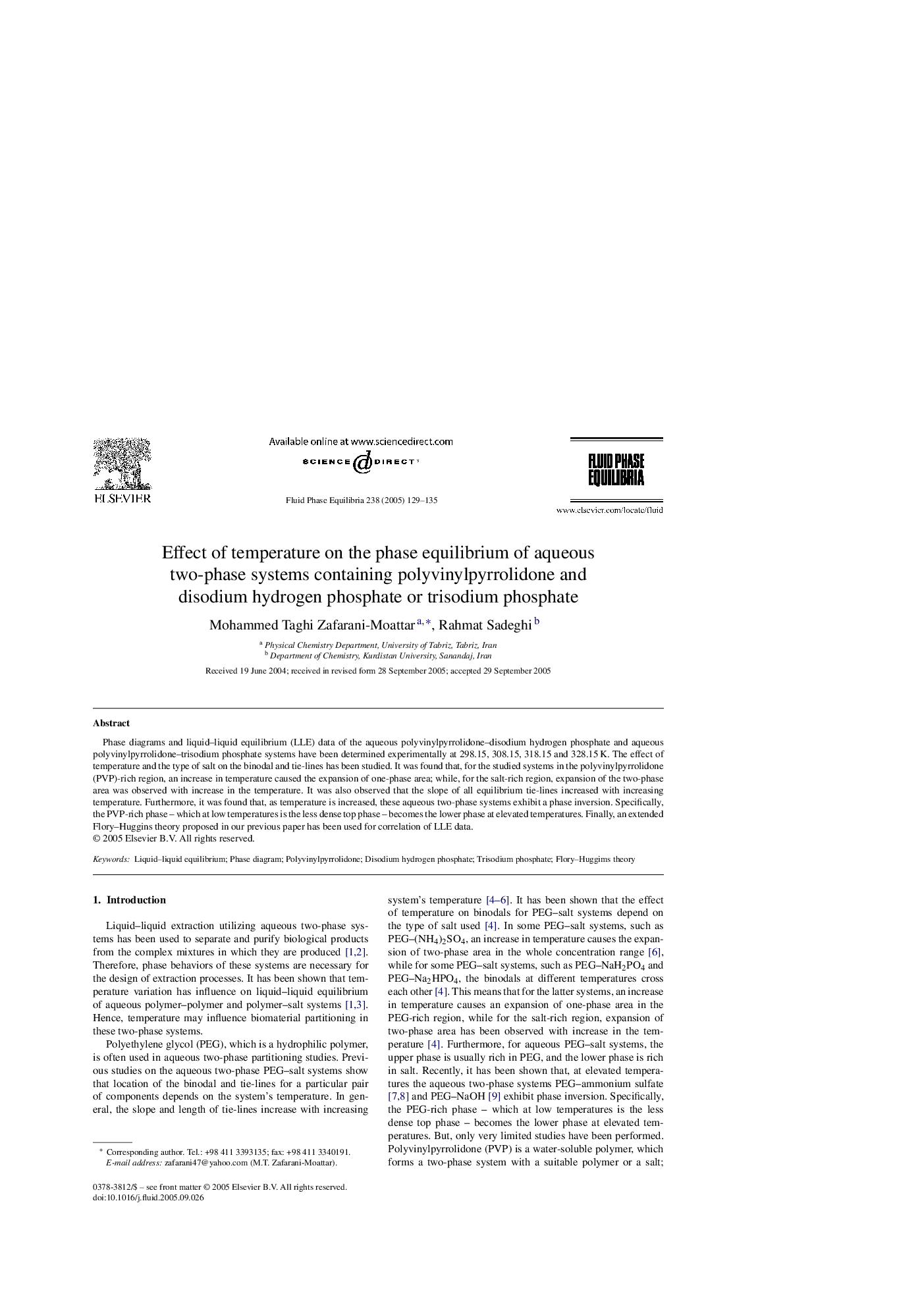 عکس صفحه اول مقاله: Effect of temperature on the phase equilibrium of aqueous two-phase systems containing polyvinylpyrrolidone and disodium hydrogen phosphate or trisodium phosphate Effect of temperature on the phase equilibrium of aqueous two-phase systems containing polyvinylpyrrolidone and disodium hydrogen phosphate or trisodium phosphate