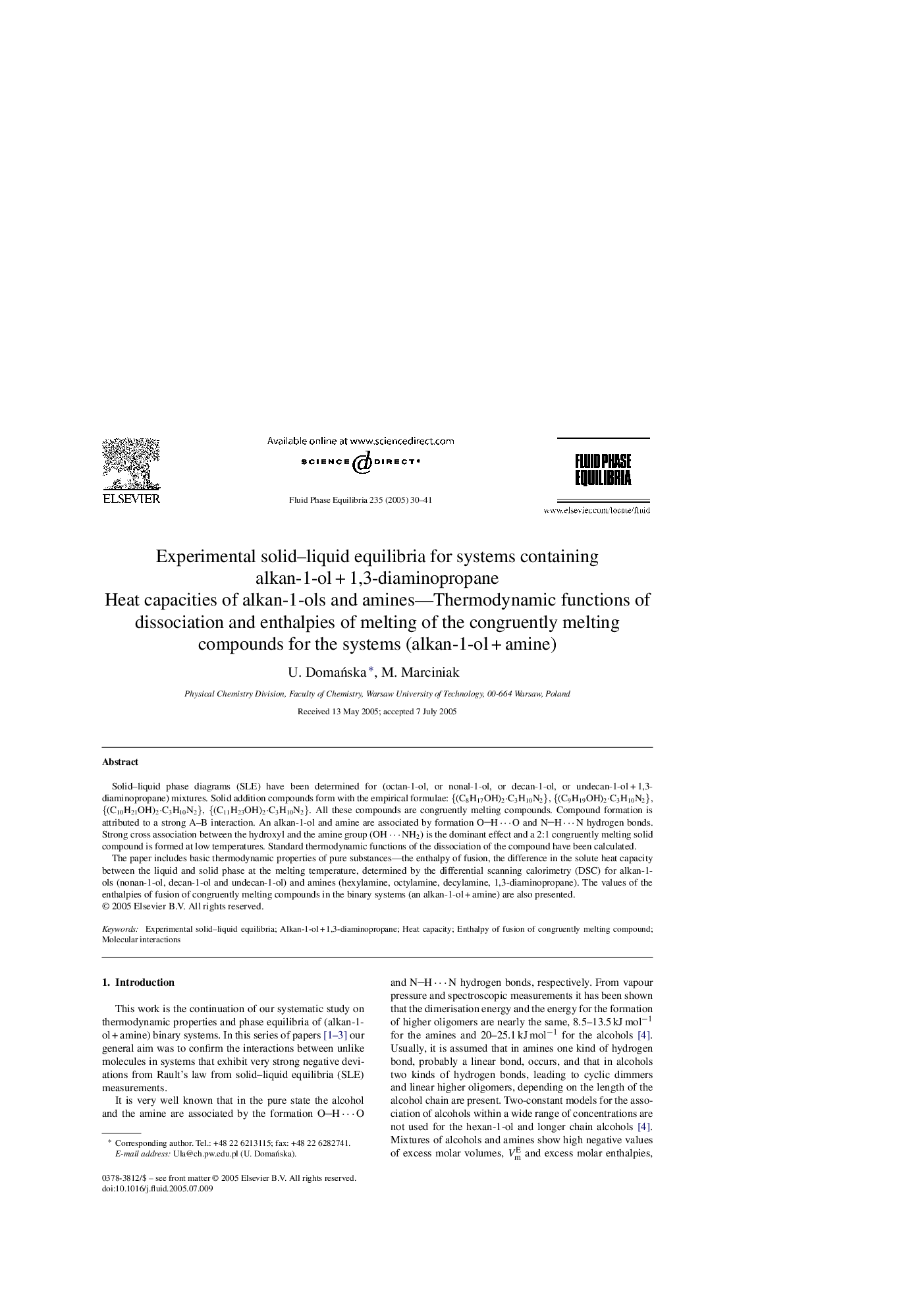 Experimental solid-liquid equilibria for systems containing alkan-1-olÂ +Â 1,3-diaminopropane