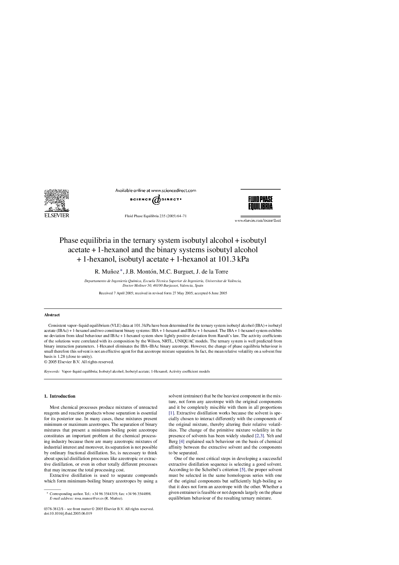 Phase equilibria in the ternary system isobutyl alcoholÂ +Â isobutyl acetateÂ +Â 1-hexanol and the binary systems isobutyl alcoholÂ +Â 1-hexanol, isobutyl acetateÂ +Â 1-hexanol at 101.3Â kPa