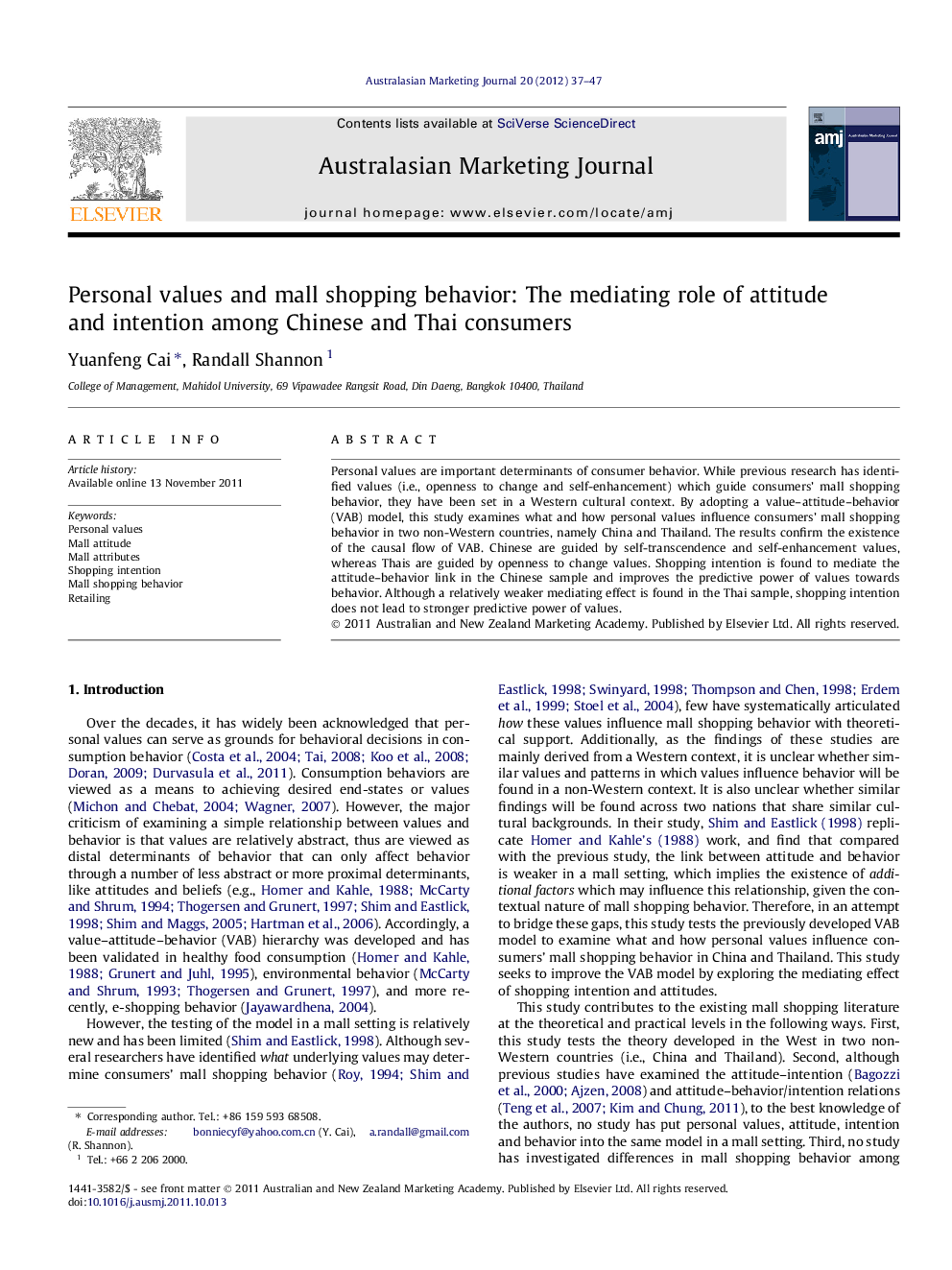 Personal values and mall shopping behavior: The mediating role of attitude and intention among Chinese and Thai consumers