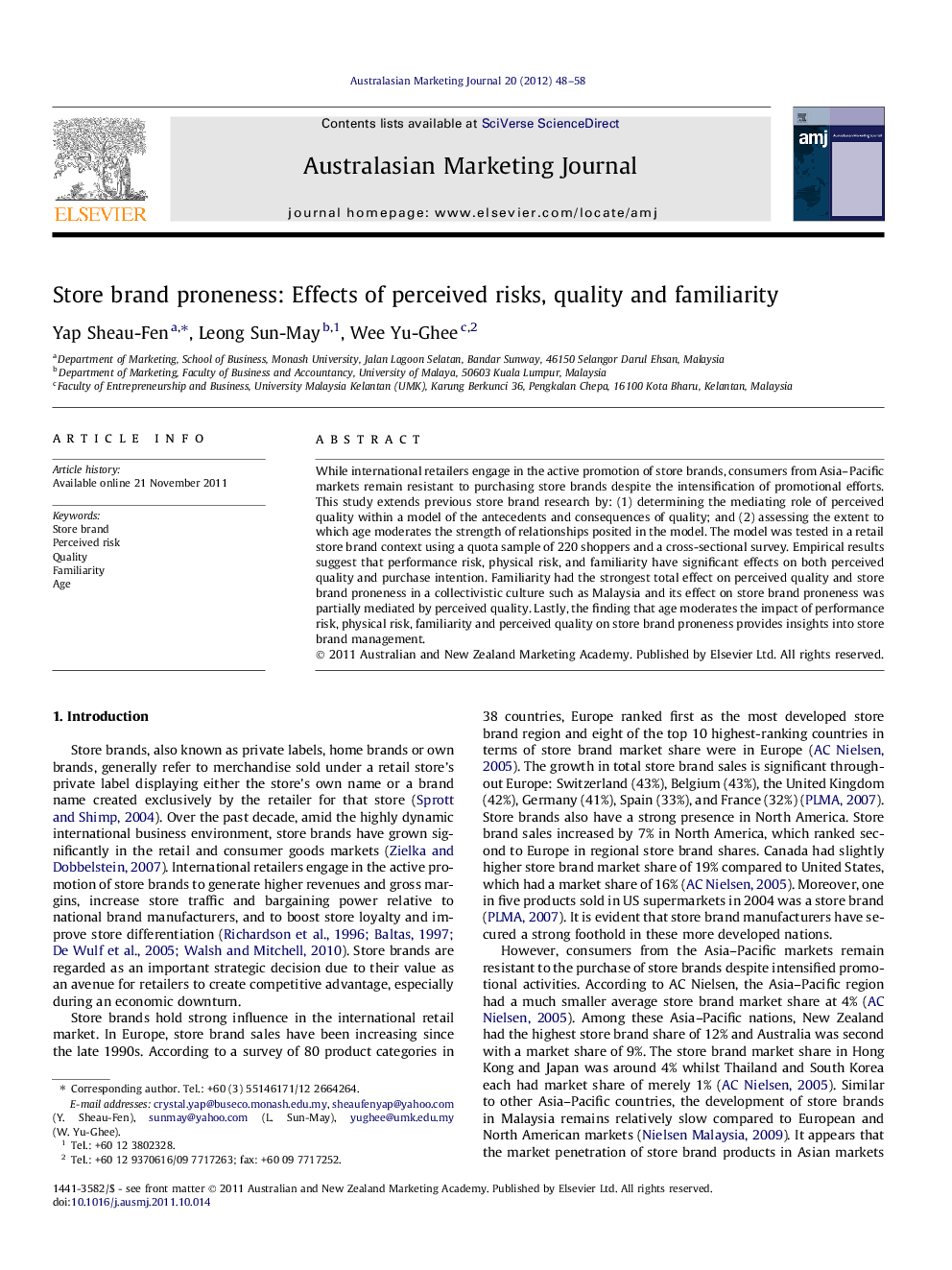 Store brand proneness: Effects of perceived risks, quality and familiarity