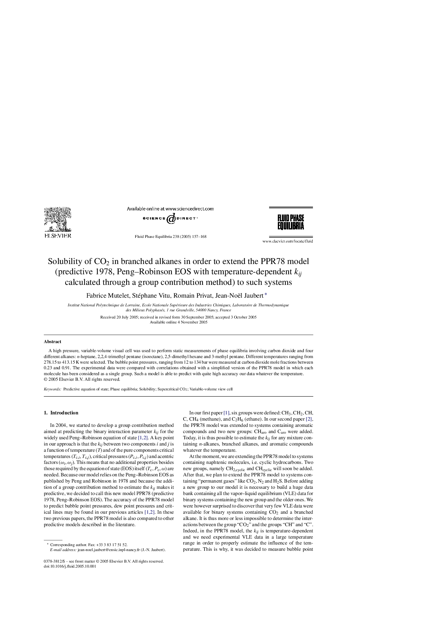 Solubility of CO2 in branched alkanes in order to extend the PPR78 model (predictive 1978, Peng-Robinson EOS with temperature-dependent kij calculated through a group contribution method) to such systems