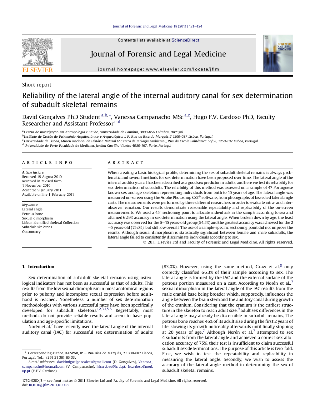 Reliability of the lateral angle of the internal auditory canal for sex determination of subadult skeletal remains