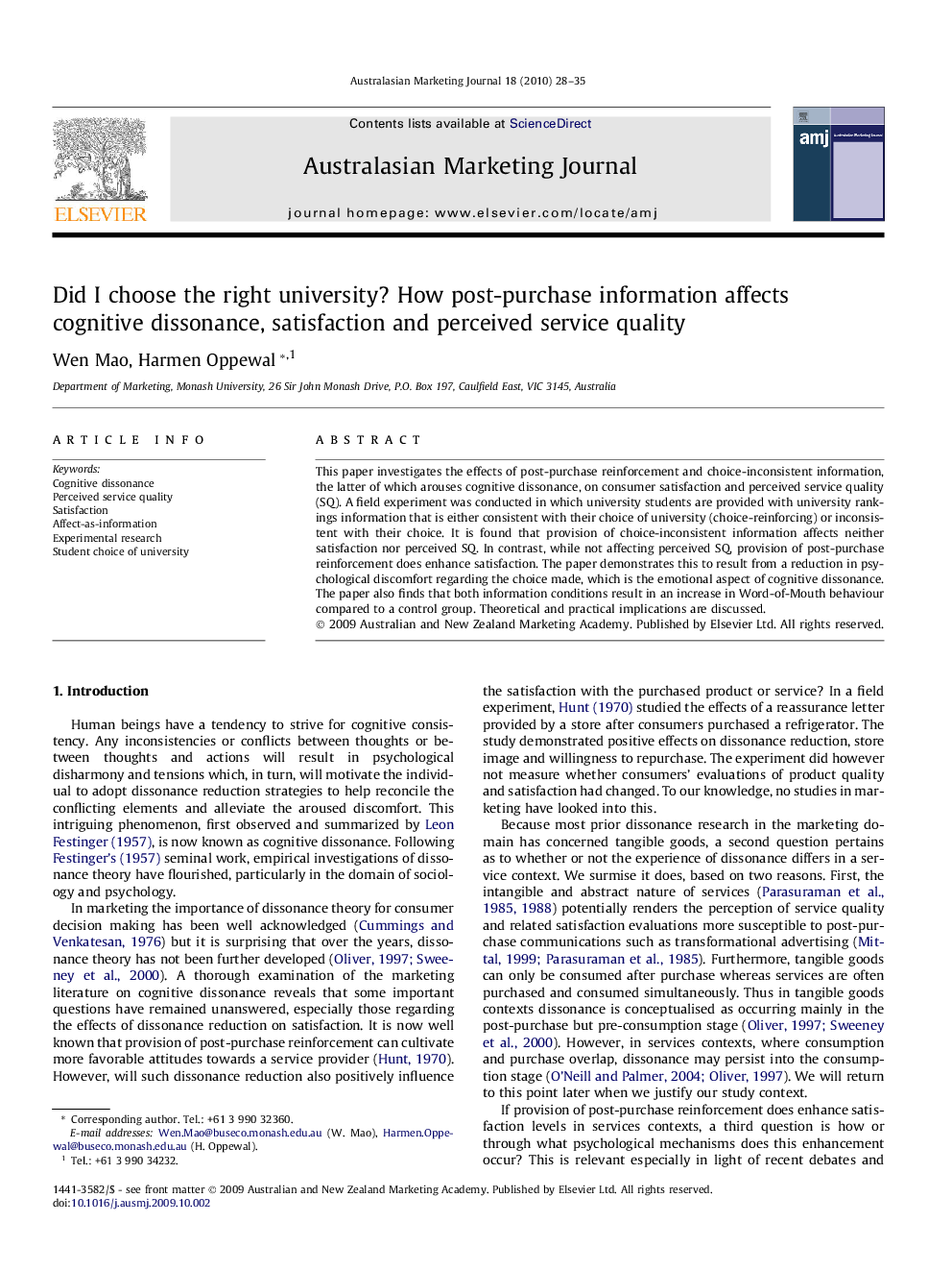 Did I choose the right university? How post-purchase information affects cognitive dissonance, satisfaction and perceived service quality