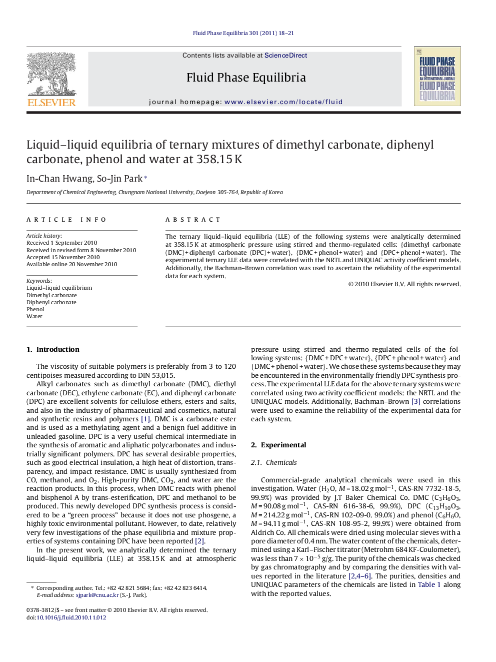 Liquid-liquid equilibria of ternary mixtures of dimethyl carbonate, diphenyl carbonate, phenol and water at 358.15Â K