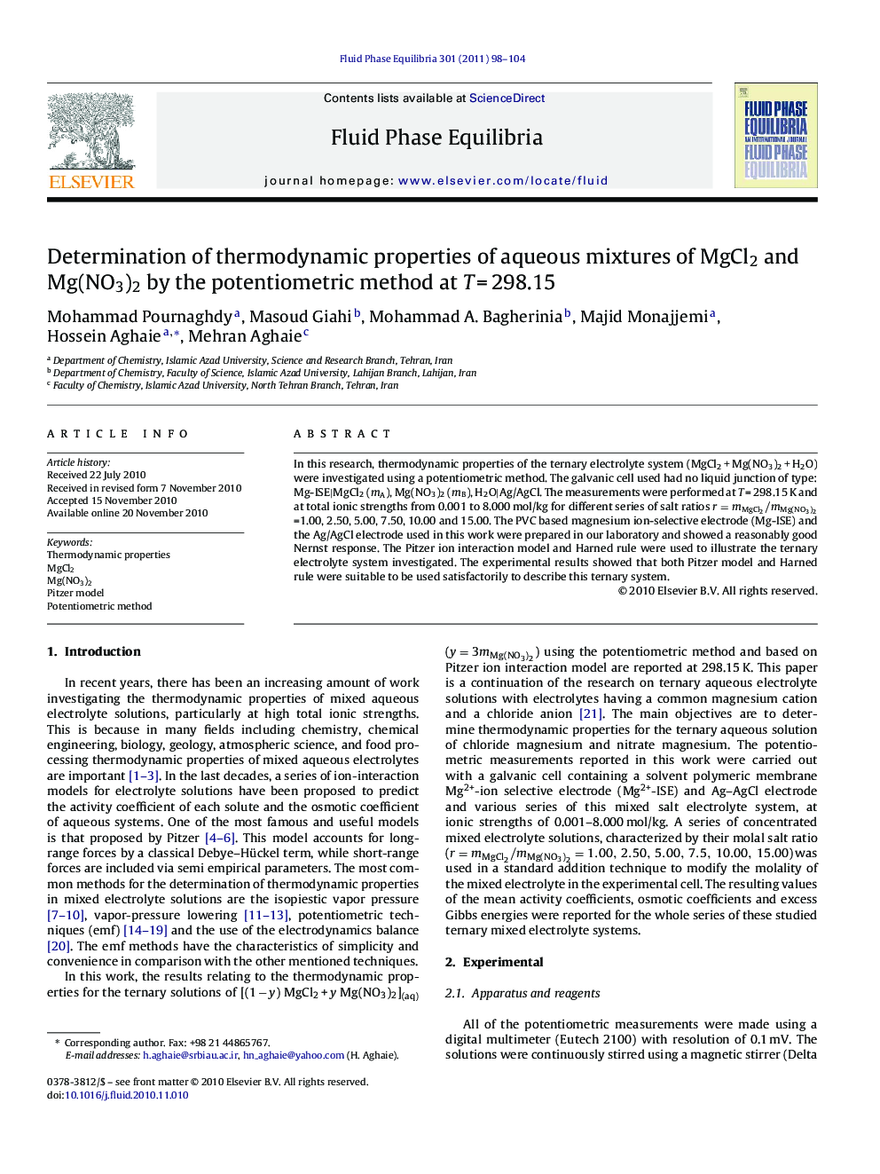 Determination of thermodynamic properties of aqueous mixtures of MgCl2 and Mg(NO3)2 by the potentiometric method at TÂ =Â 298.15