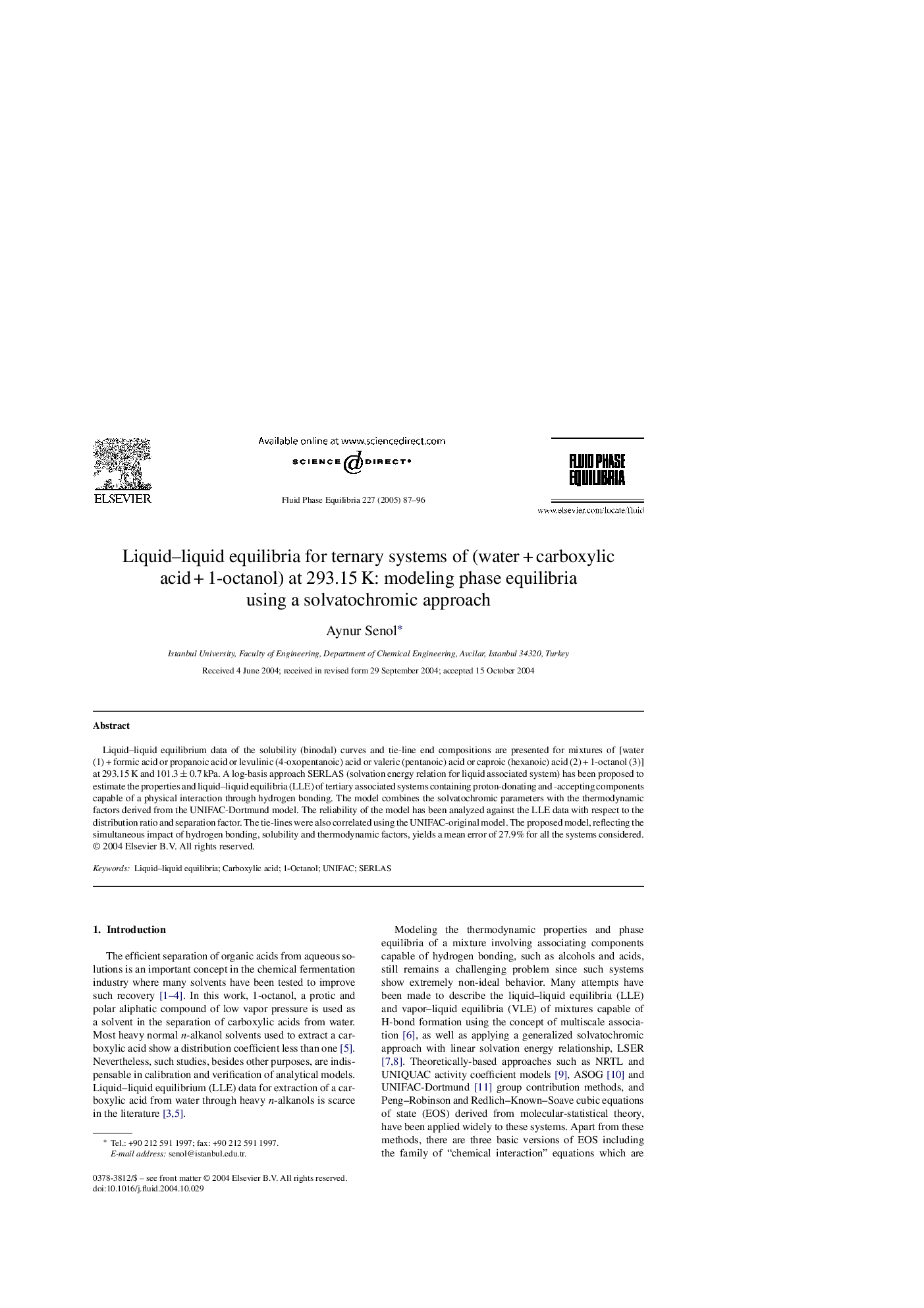 Liquid-liquid equilibria for ternary systems of (waterÂ +Â carboxylic acidÂ +Â 1-octanol) at 293.15Â K: modeling phase equilibria using a solvatochromic approach