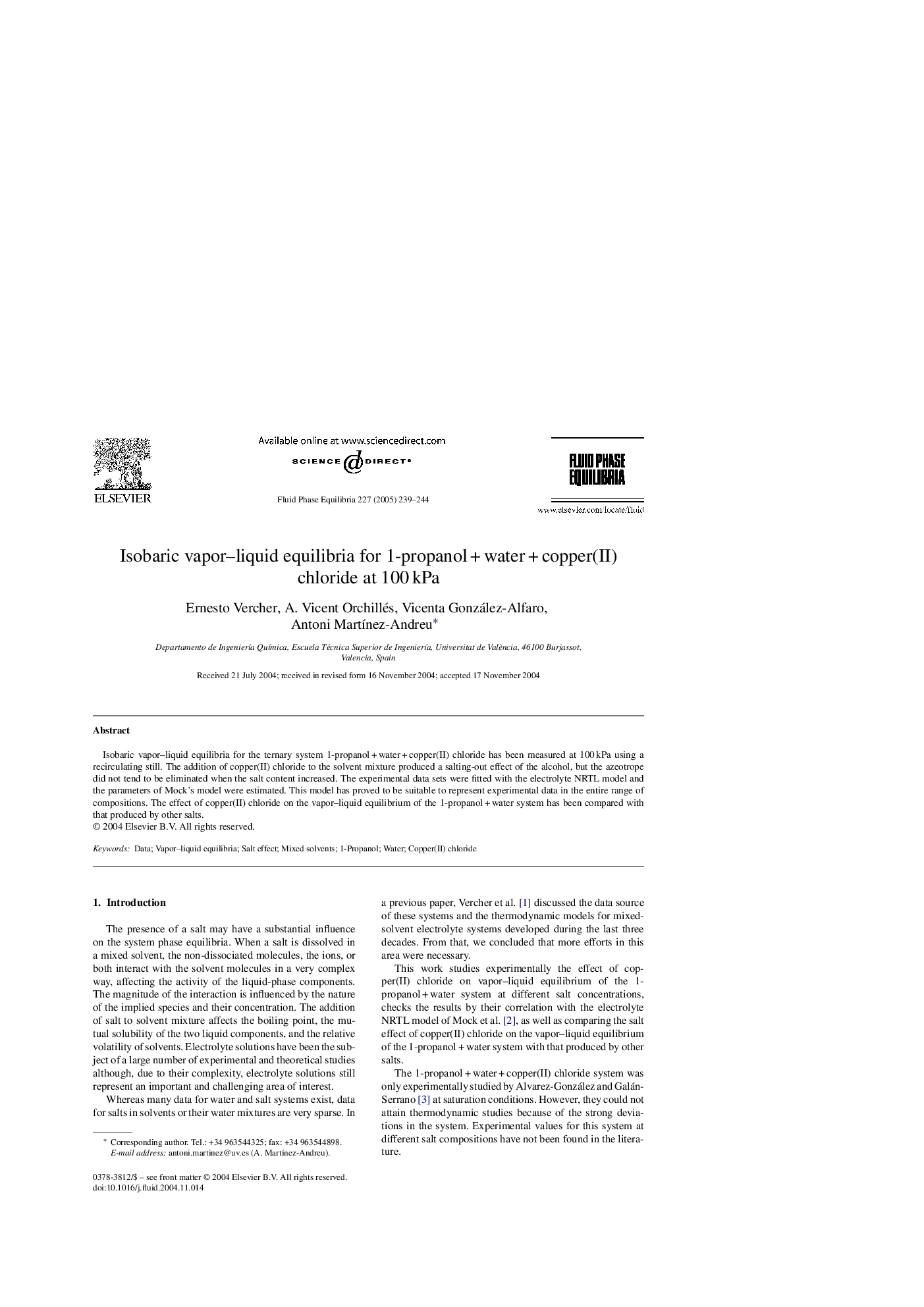 Isobaric vapor-liquid equilibria for 1-propanolÂ +Â waterÂ +Â copper(II) chloride at 100Â kPa