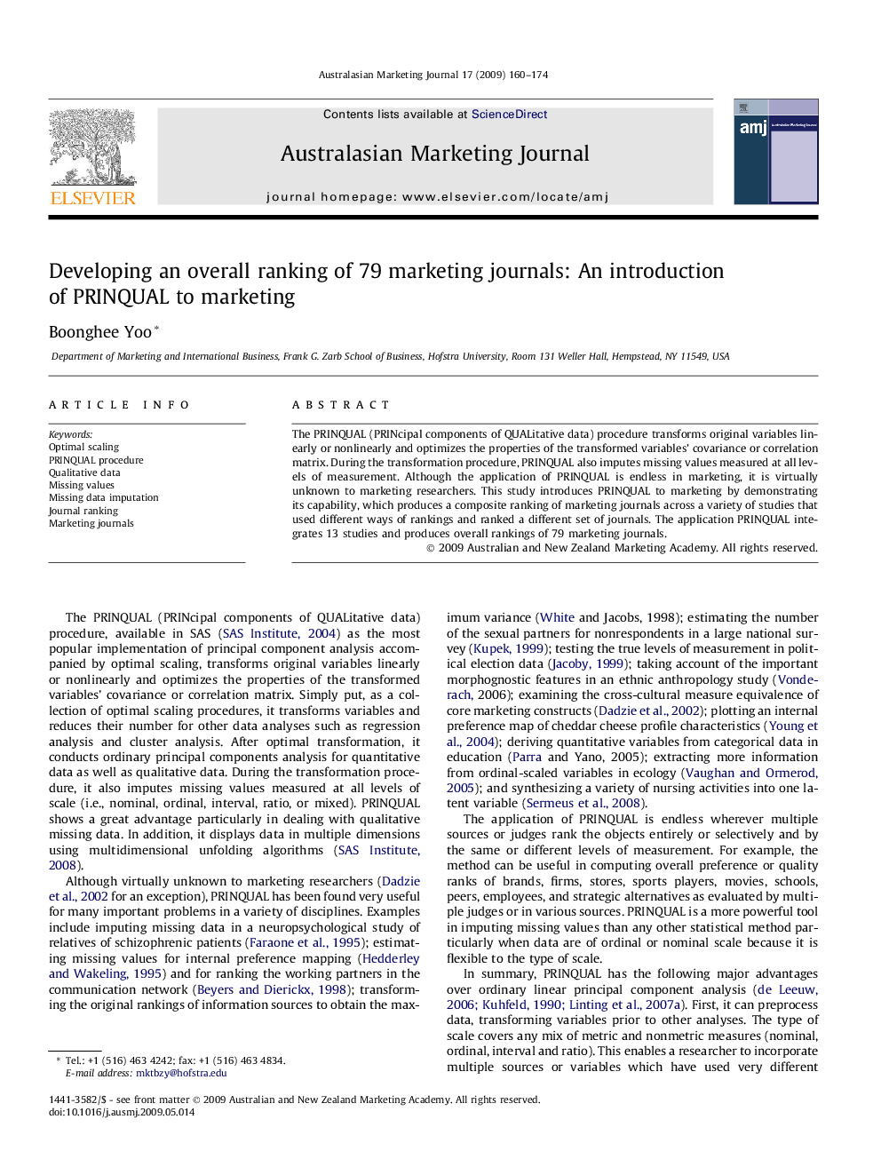 Developing an overall ranking of 79 marketing journals: An introduction of PRINQUAL to marketing