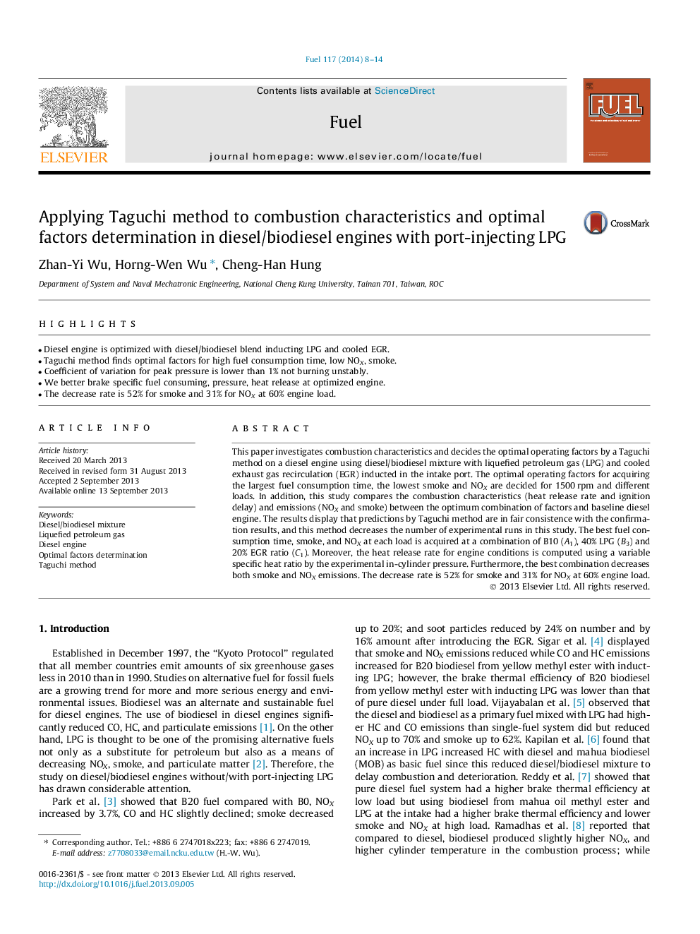 عکس صفحه اول مقاله: Applying Taguchi method to combustion characteristics and optimal factors determination in diesel/biodiesel engines with port-injecting LPG Applying Taguchi method to combustion characteristics and optimal factors determination in diesel/biodiesel engines with port-injecting LPG