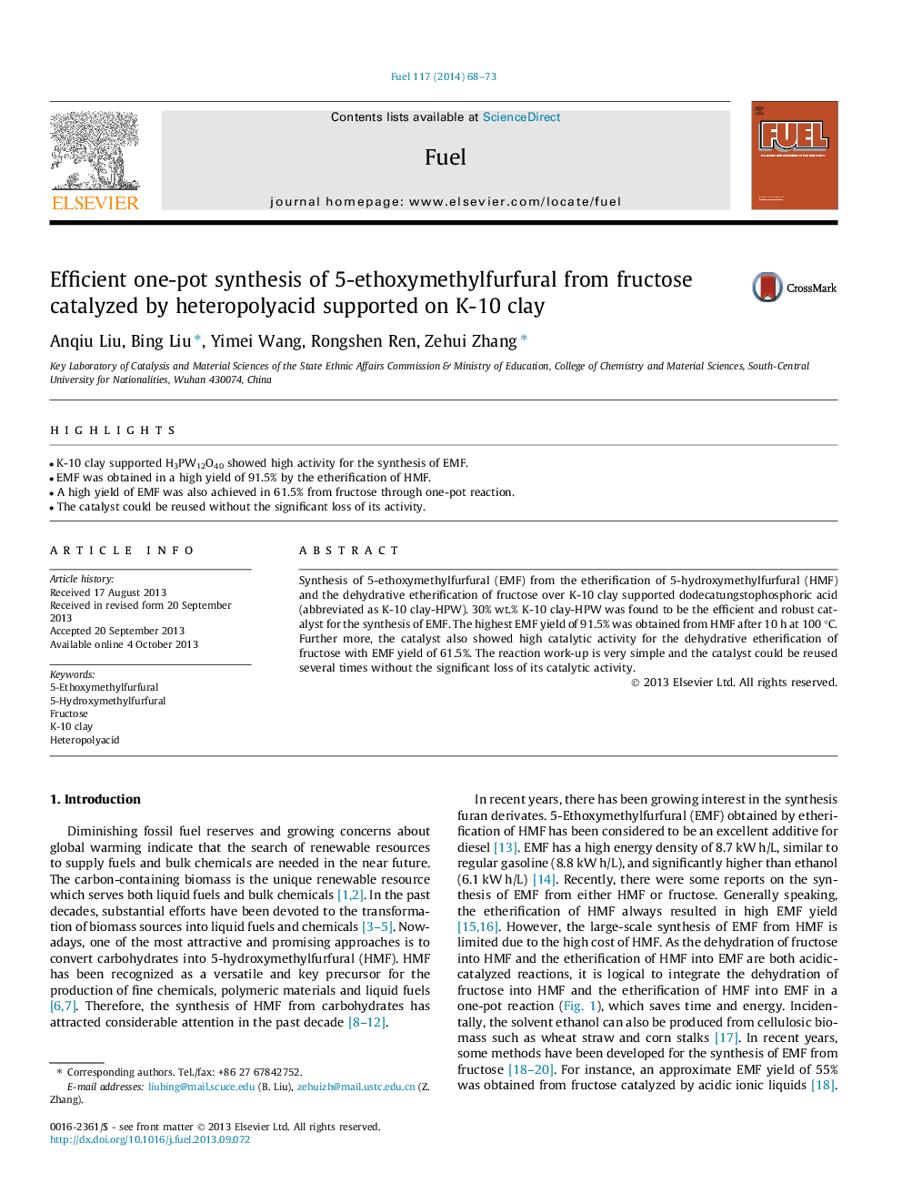 Efficient one-pot synthesis of 5-ethoxymethylfurfural from fructose catalyzed by heteropolyacid supported on K-10 clay