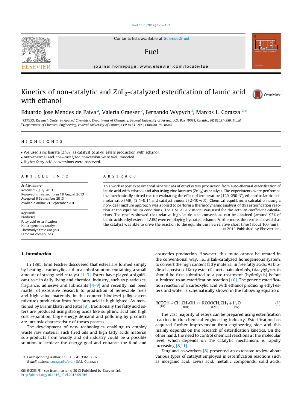 Kinetics of non-catalytic and ZnL2-catalyzed esterification of lauric acid with ethanol