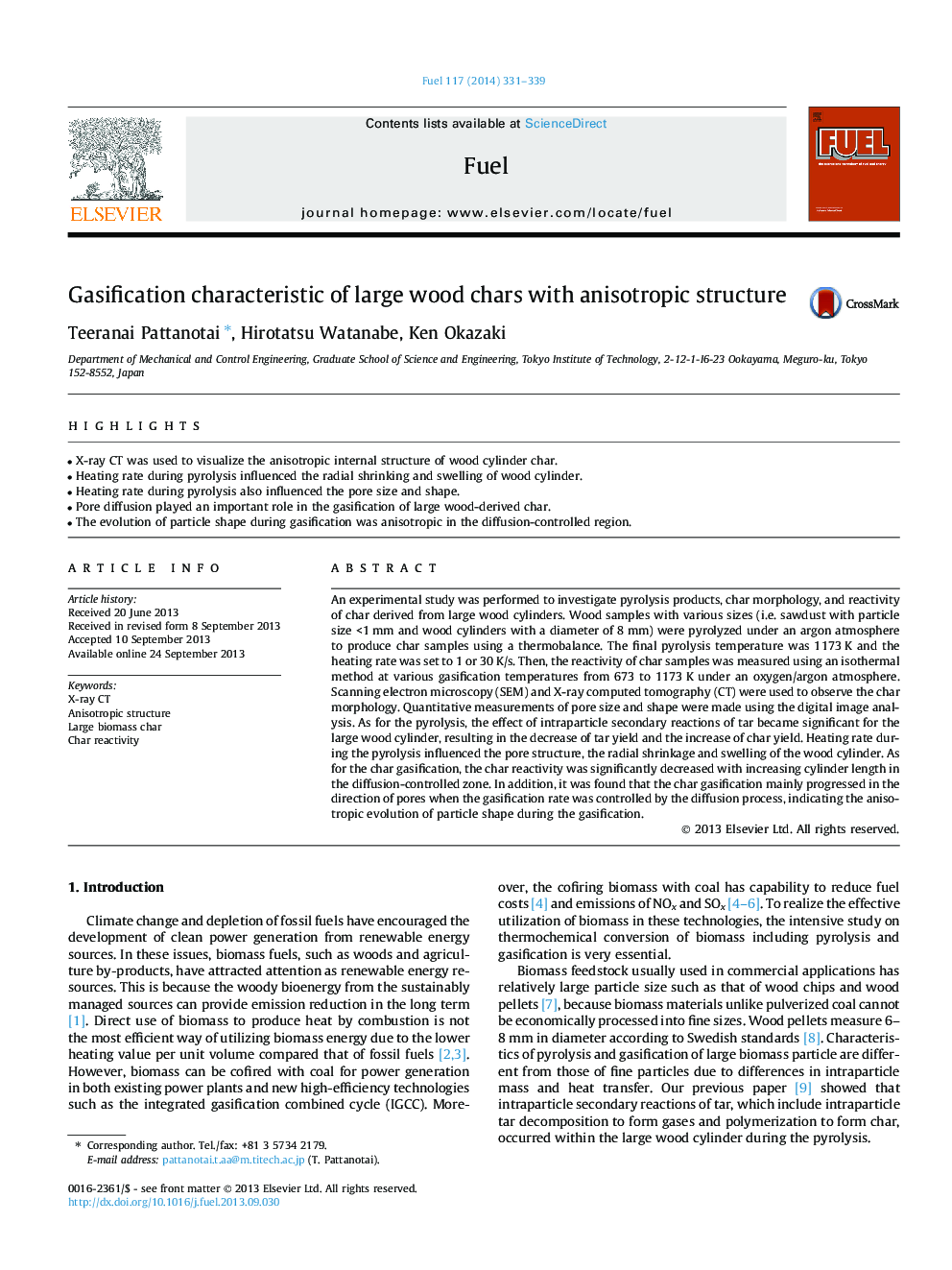 Gasification characteristic of large wood chars with anisotropic structure